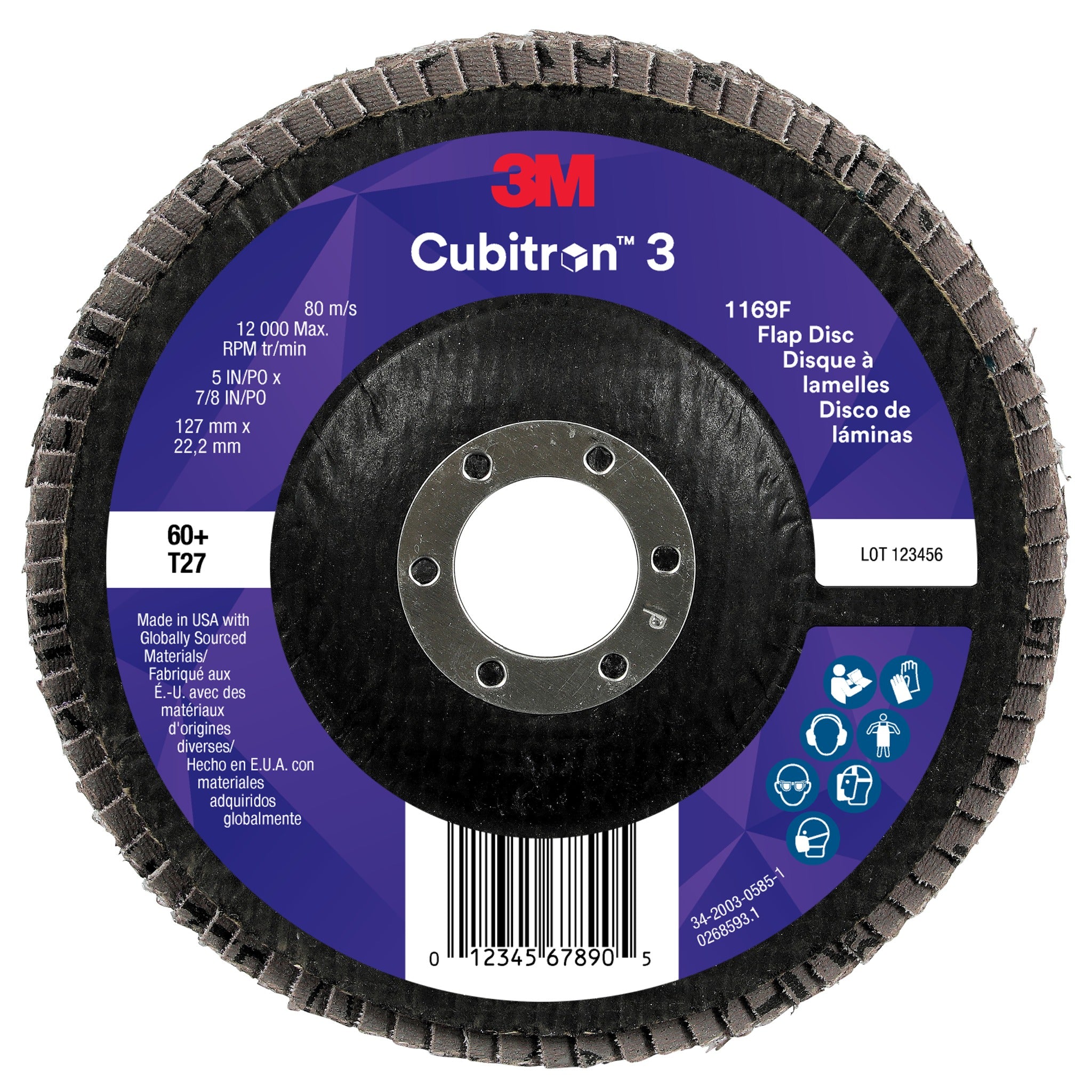 3M Cubitron 3 7100380168 Flap Disc 1169F, 60+, T27-Flat, 5 in x 7/8 in, Front View