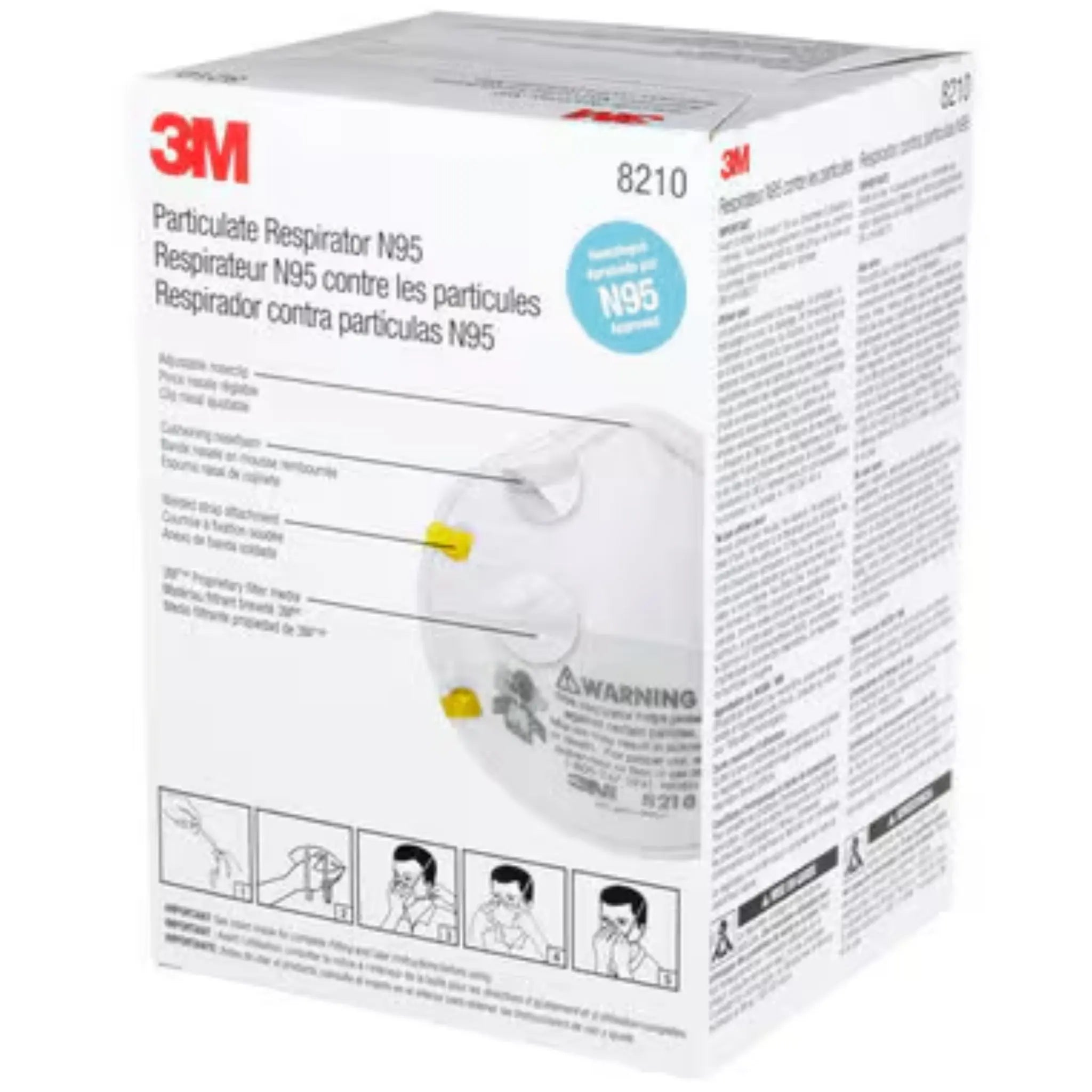 3M 8210 N95 Particulate Respirator Mask, White, Universal, Box, Left Side