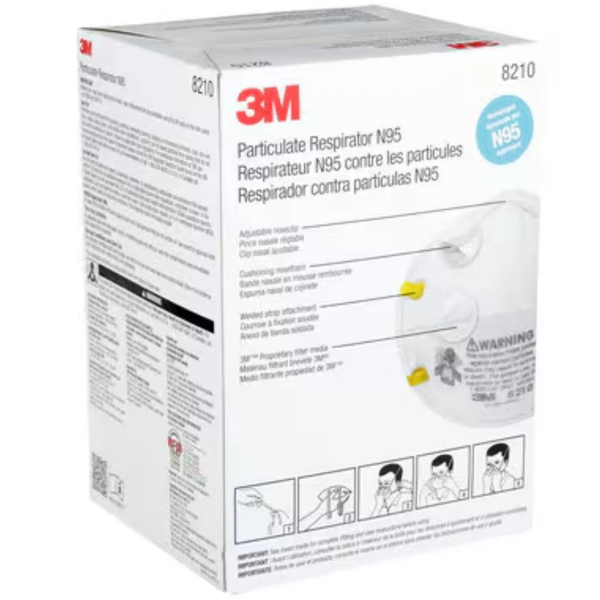 3M 8210 N95 Particulate Respirator Mask, White, Universal, Box Side View
