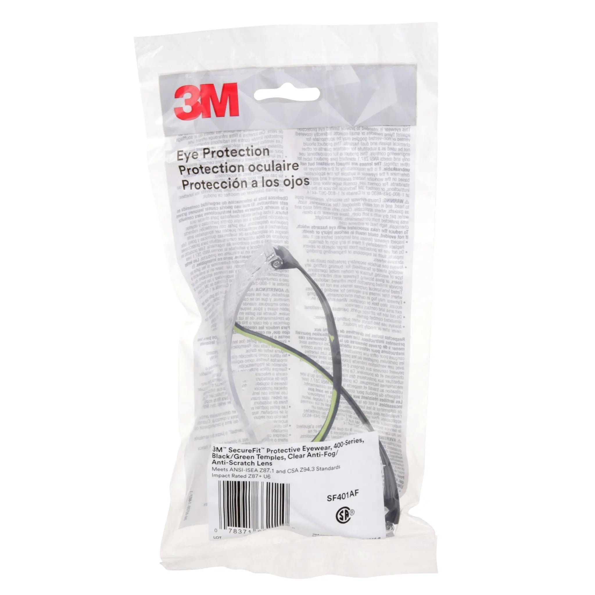 3M SecureFit SF401AF Protective Eyewear, Clear Anti-Fog Lens, Case of 20