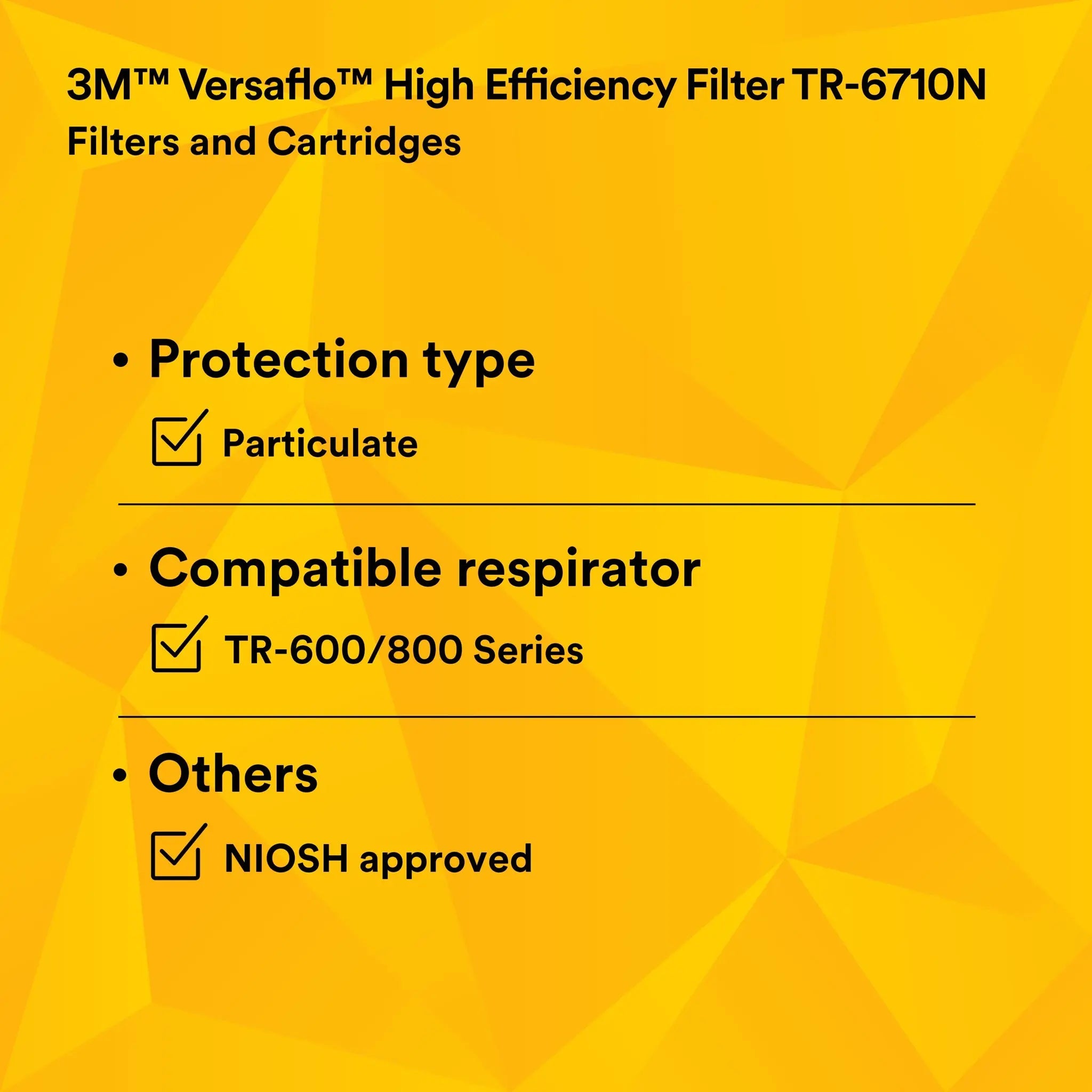 3M Versaflo TR-6710N-5 High Efficiency Filter for TR-600 & TR-800 PAPR, Case of 5, Performance