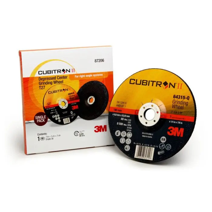 3M™ Cubitron™ II Depressed Center Grinding Wheel, 87206, T27, 7 in x 1/4 in x 7/8 in, Single Pack, 10 per case