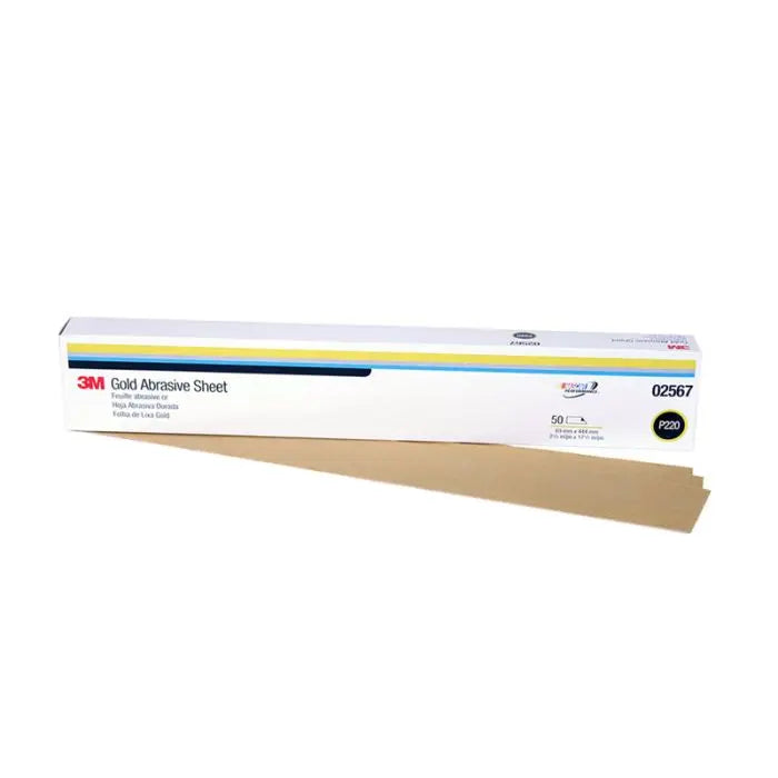 3M™ Gold Abrasive Sheet, 02567, P220 grade, 2 3/4 in x 17 1/2 in, 50 sheets per sleeve, 5 sleeves per case