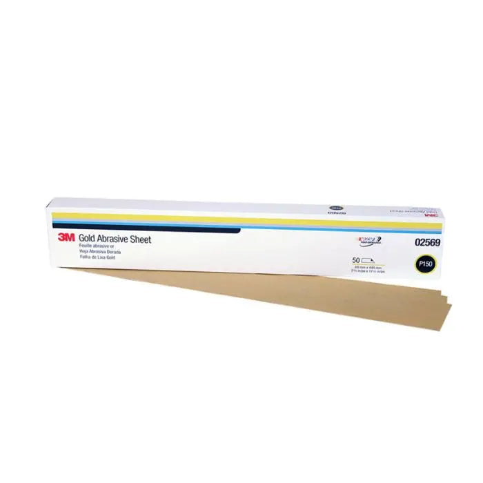 3M™ Gold Abrasive Sheet, 02569, P150 grade, 2 3/4 in x 17 1/2 in, 50 sheets per sleeve, 5 sleeves per case