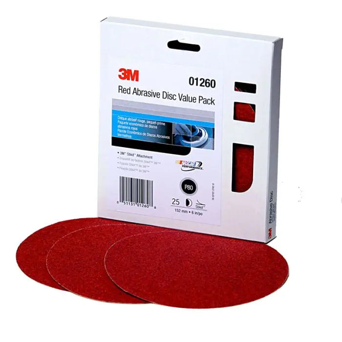 3M™ Red Abrasive Stikit™ Disc Value Pack, 01260, 6 in, P80, 25 discs per pack, 4 packs per case