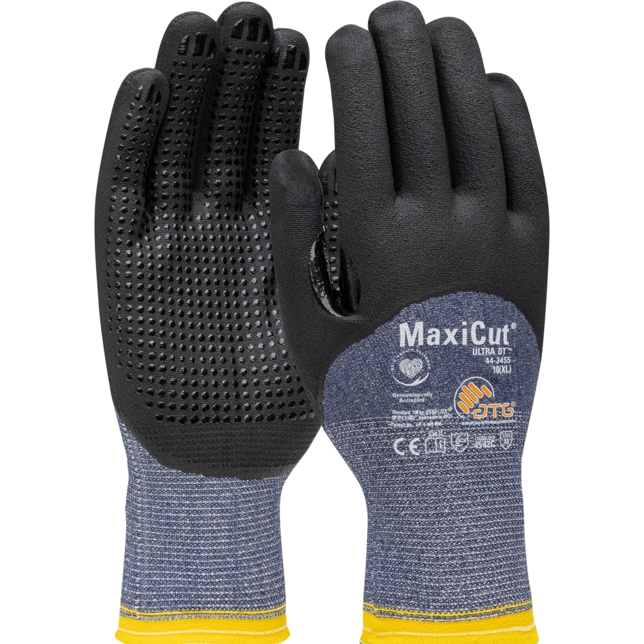 PIP ATG 44-3455 MaxiCut Ultra DT Premium Engineered Yarn Shell - Black Micro-Foam 3/4 Dip Nitrile Coated - Nitrile Dots_Main_Image