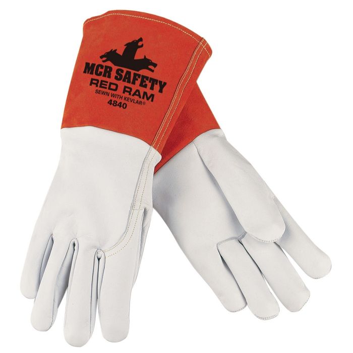 MCR Safety Red Ram 4840 5 Inch Russet Split Cowskin Cuff, Premium Grain Goatskin Leather Welding Work Gloves, White, Box of 12 Pairs