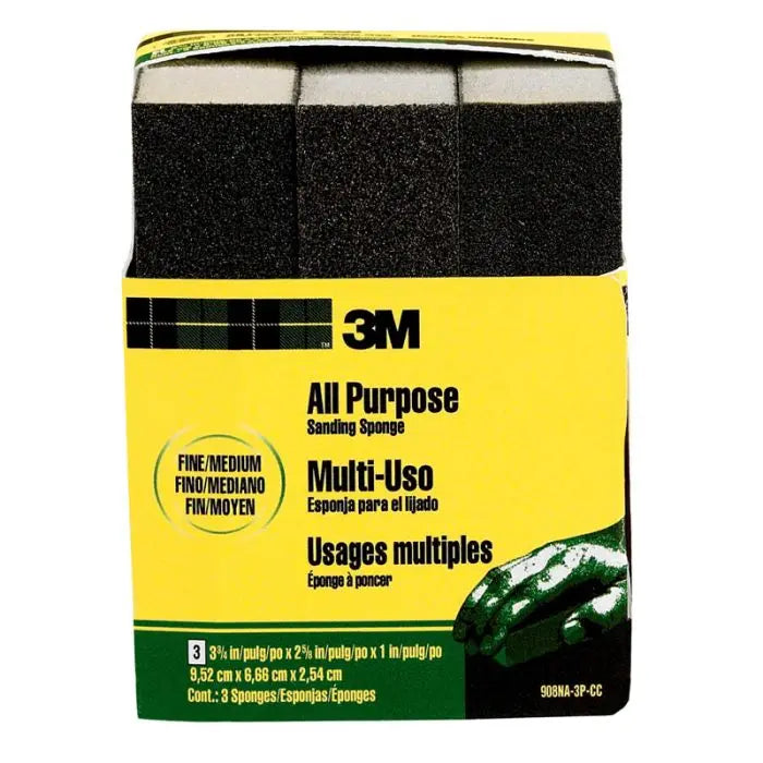 3M™ Sanding Sponge 908NA-3P-CC, 3 3/4 in x 2 5/8 in x 1 in (9,522 cm x 6,67 cm x 2,54 cm) Fine/Medium, 3-pack, 6 Packs per Case