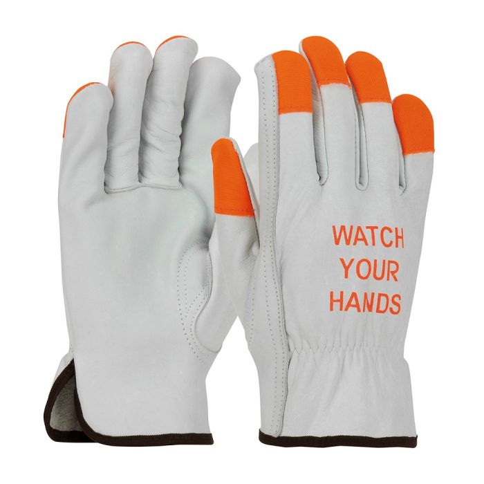 PIP 68-162HV Leather Drivers Glove with Hi-Vis Fingertips and €œWATCH YOUR HANDS€ Logo, Box of 12