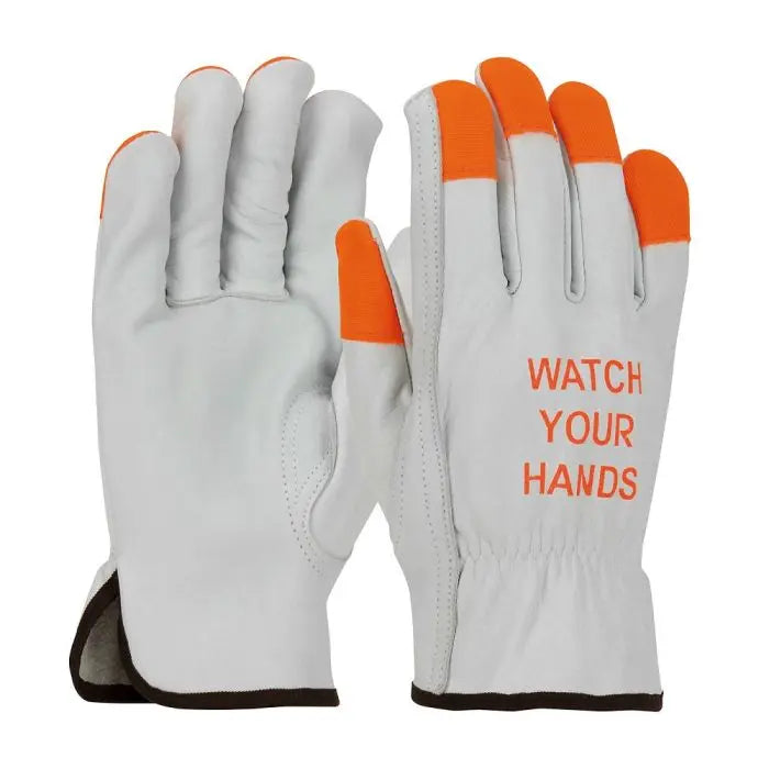 PIP 68-162HV Leather Drivers Glove with Hi-Vis Fingertips and €œWATCH YOUR HANDS€ Logo, Box of 12