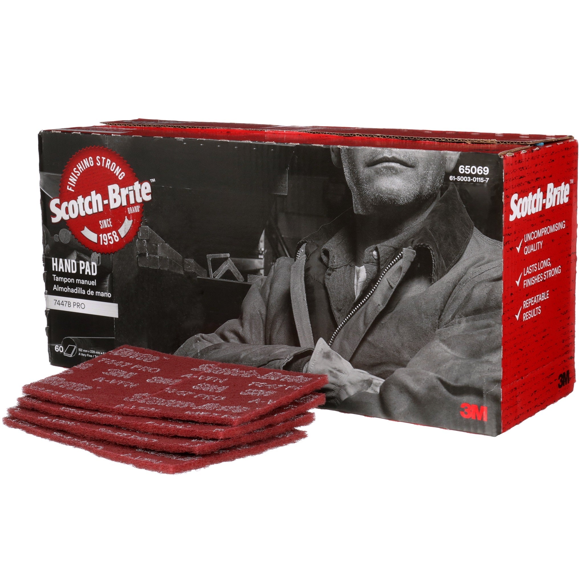 3M Scotch-Brite 7000027560/7447B Hand Pad, HP-HP, Aluminum Oxide Very Fine, Maroon, 6 in x 9 in, Case of 60