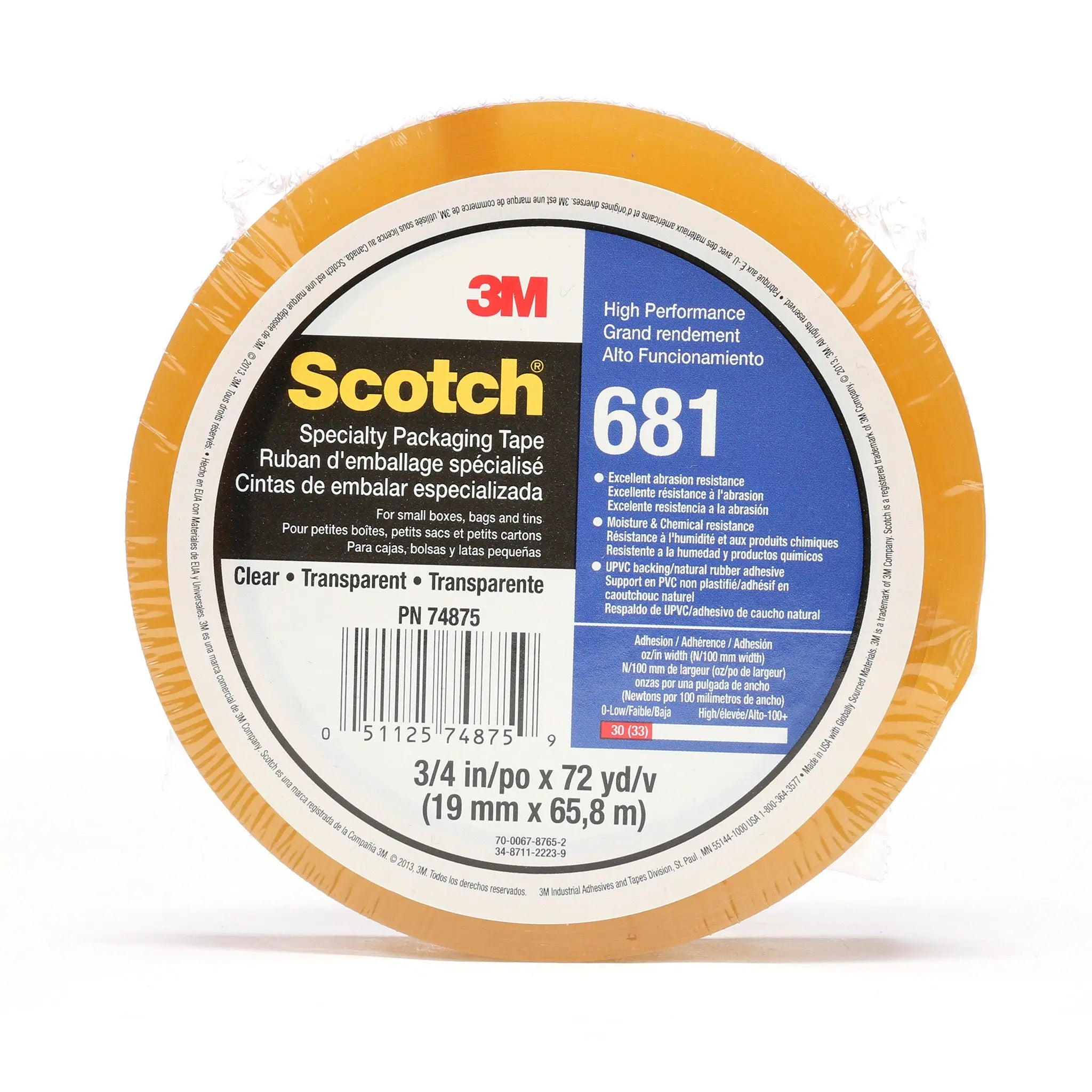 Scotch Light Duty Packaging Tape 681 Clear Moisture Chemical Resistant 3/4 in x 72 yd, 1 Roll