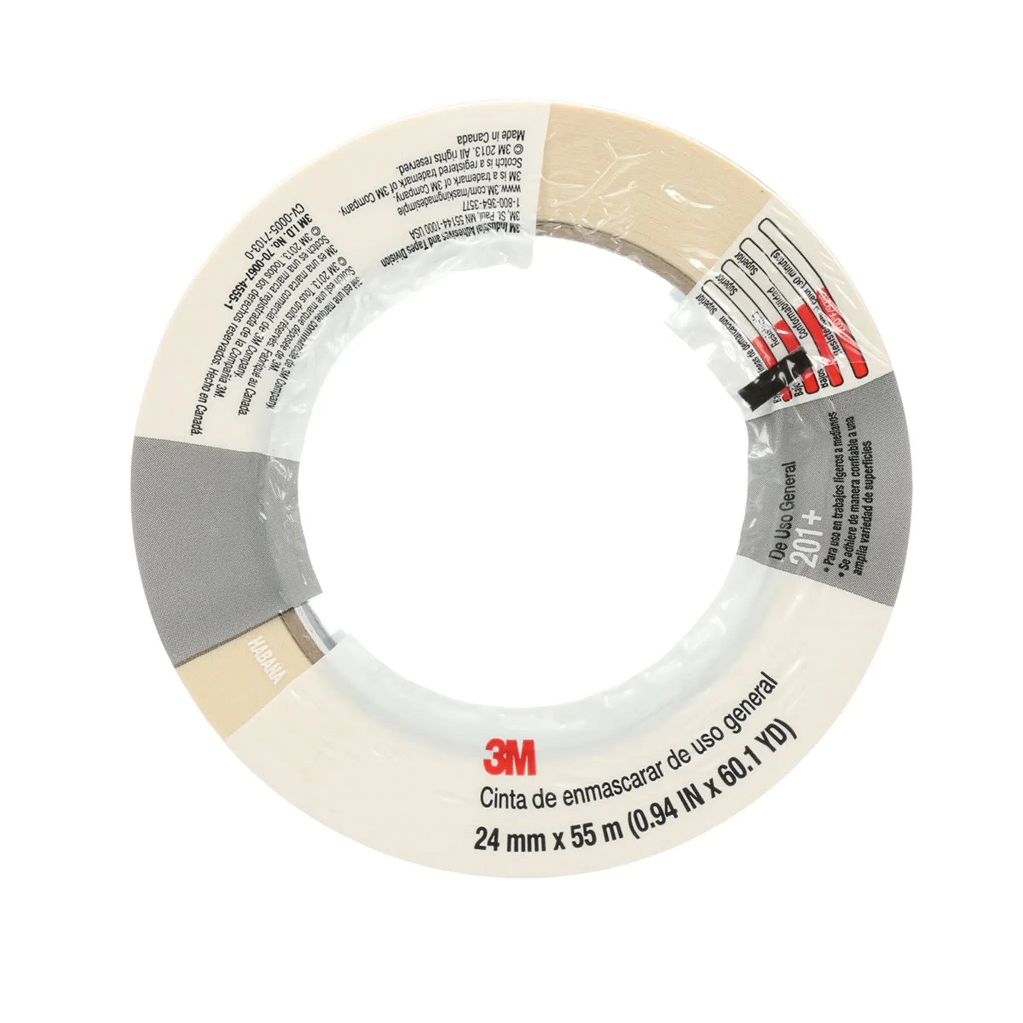 3M General Use Masking Tape 201+ Tan 24 mm x 55 m 4.4 mil, 1 Roll