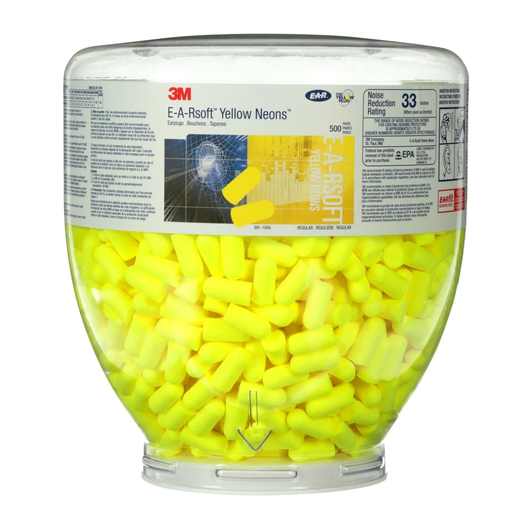 3M E-A-Rsoft 391-1004 Yellow Neons One Touch Refill Earplugs, Uncorded, Regular, Case of 2000