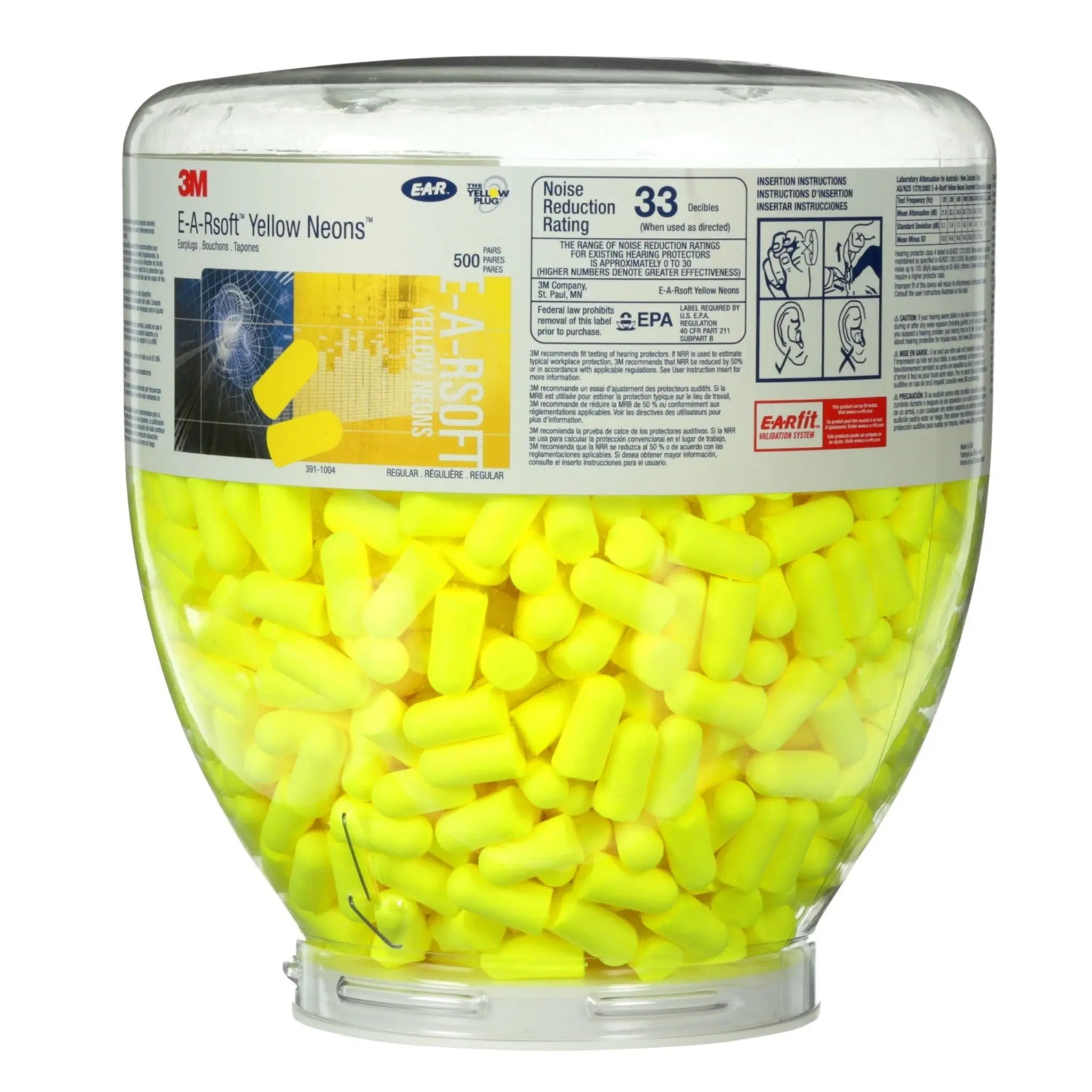 3M E-A-Rsoft 391-1004 Yellow Neons One Touch Refill Earplugs, Uncorded, Regular, Case of 2000Â