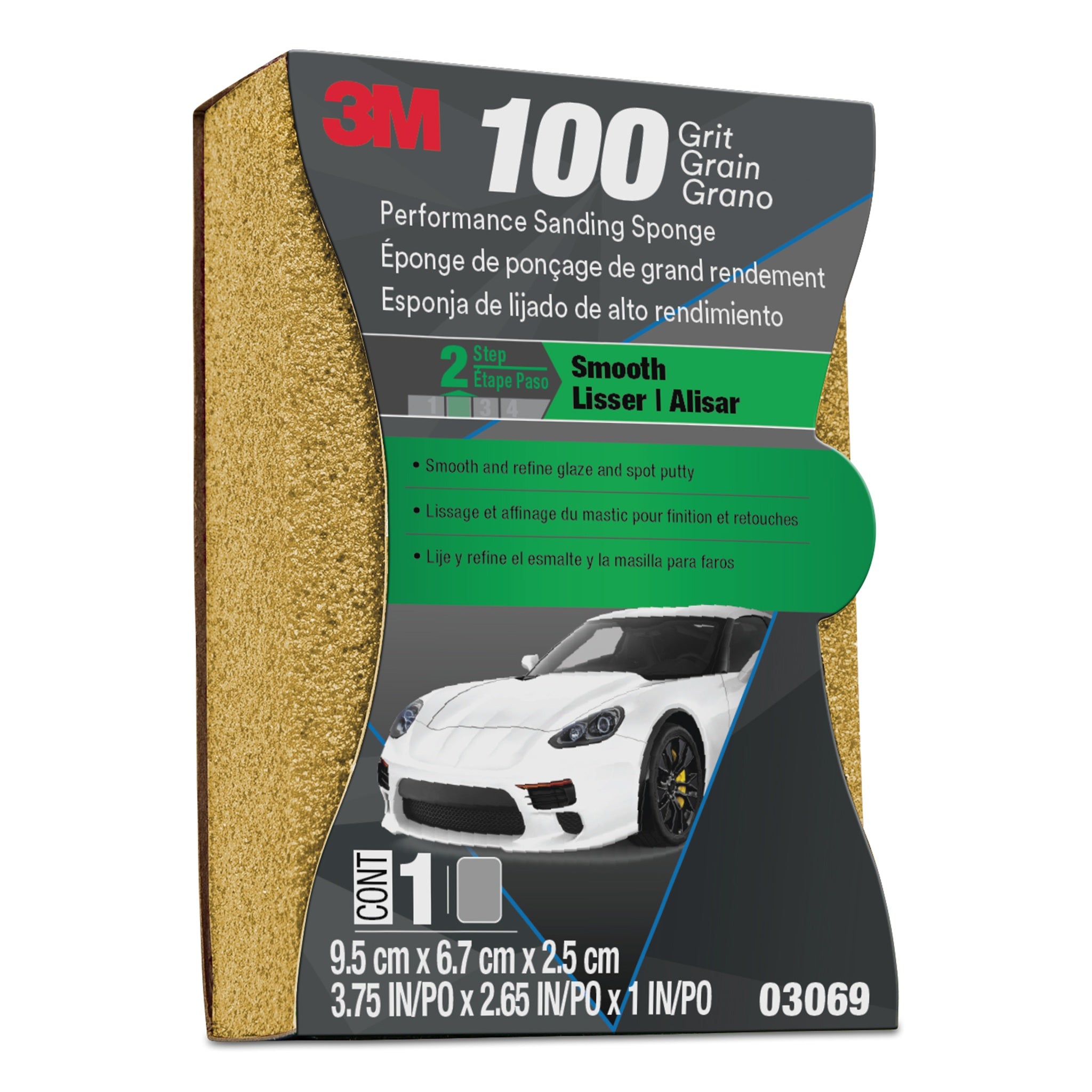 3M 7010328055/03069 Performance Sanding Sponge, 1 inch x 2-5/8 inch, 100 Grit, Front