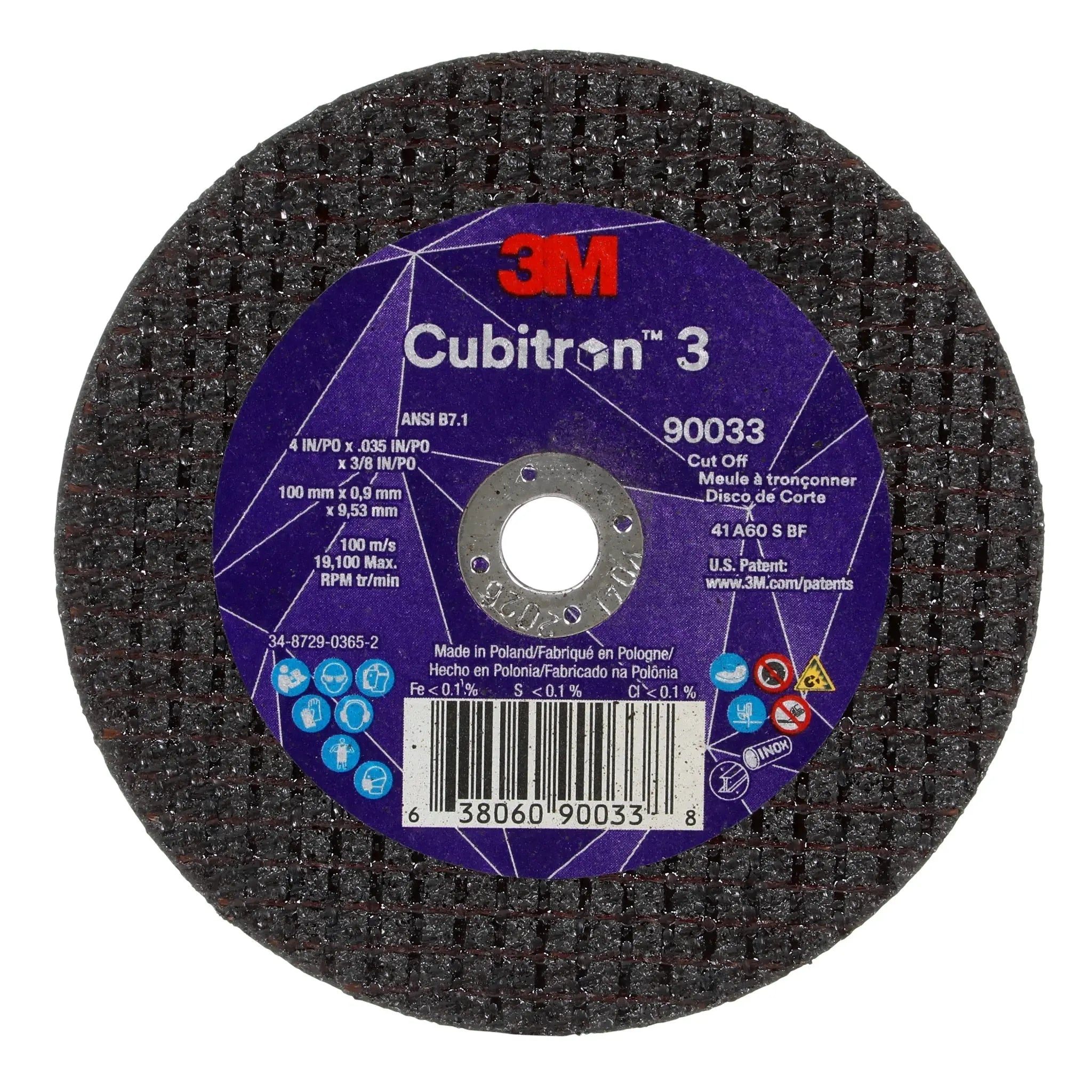 3M Cubitron 3 7100303857/90033 Cut-Off Wheel, 60+, T1, 4 in x 0.035 in x 3/8 in