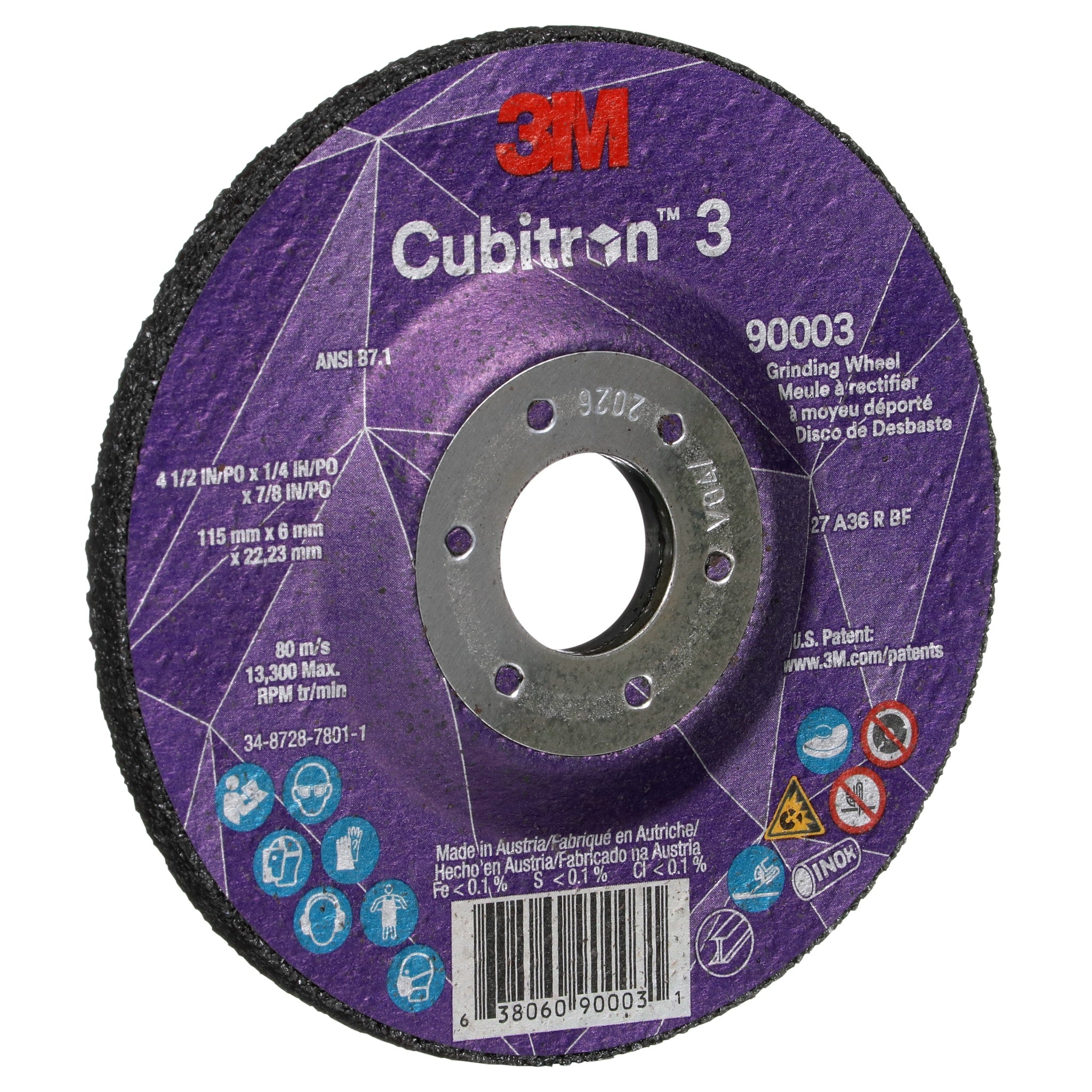 3M Cubitron 3 7100303966/90003 Depressed Center Grinding Wheel, 36+, T27, 4-1/2 in x 1/4 in x 7/8 in, Left Side
