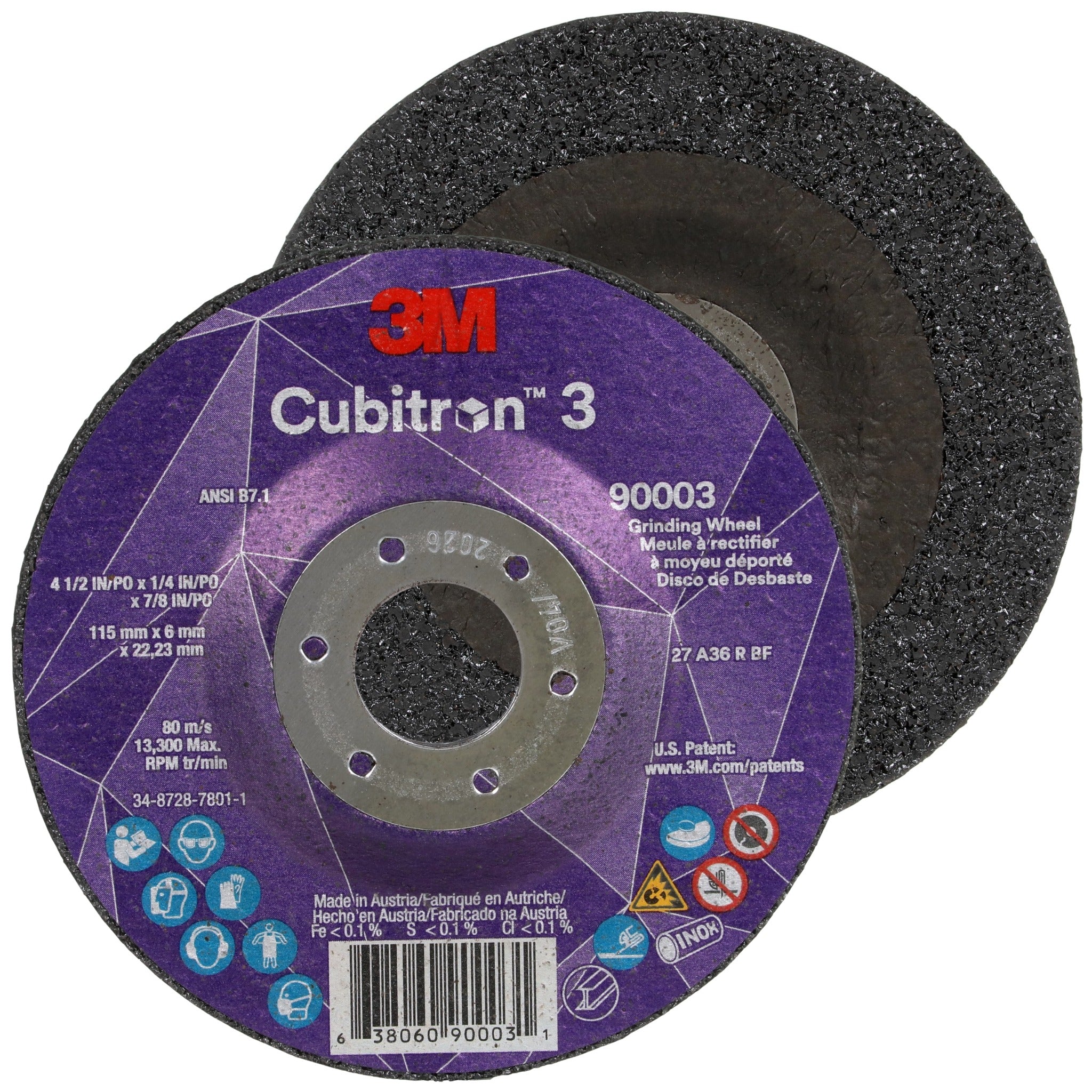3M Cubitron 3 7100303966/90003 Depressed Center Grinding Wheel, 36+, T27, 4-1/2 in x 1/4 in x 7/8 in, Main Image