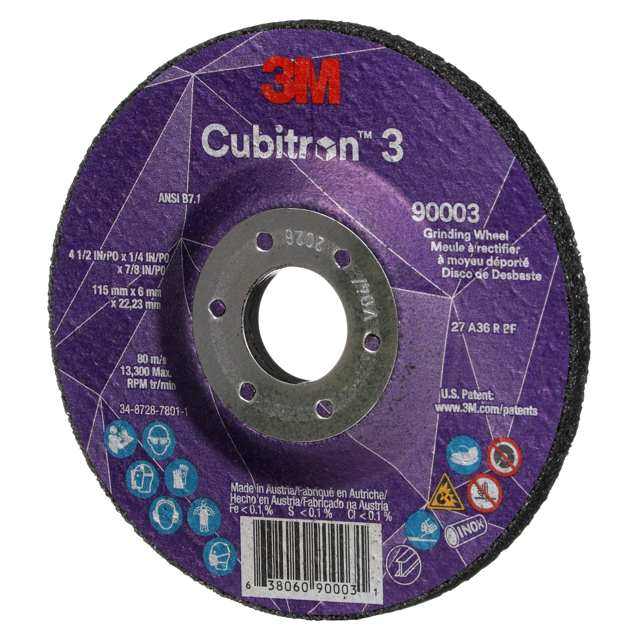 3M Cubitron 3 7100303966/90003 Depressed Center Grinding Wheel, 36+, T27, 4-1/2 in x 1/4 in x 7/8 in, RightSide