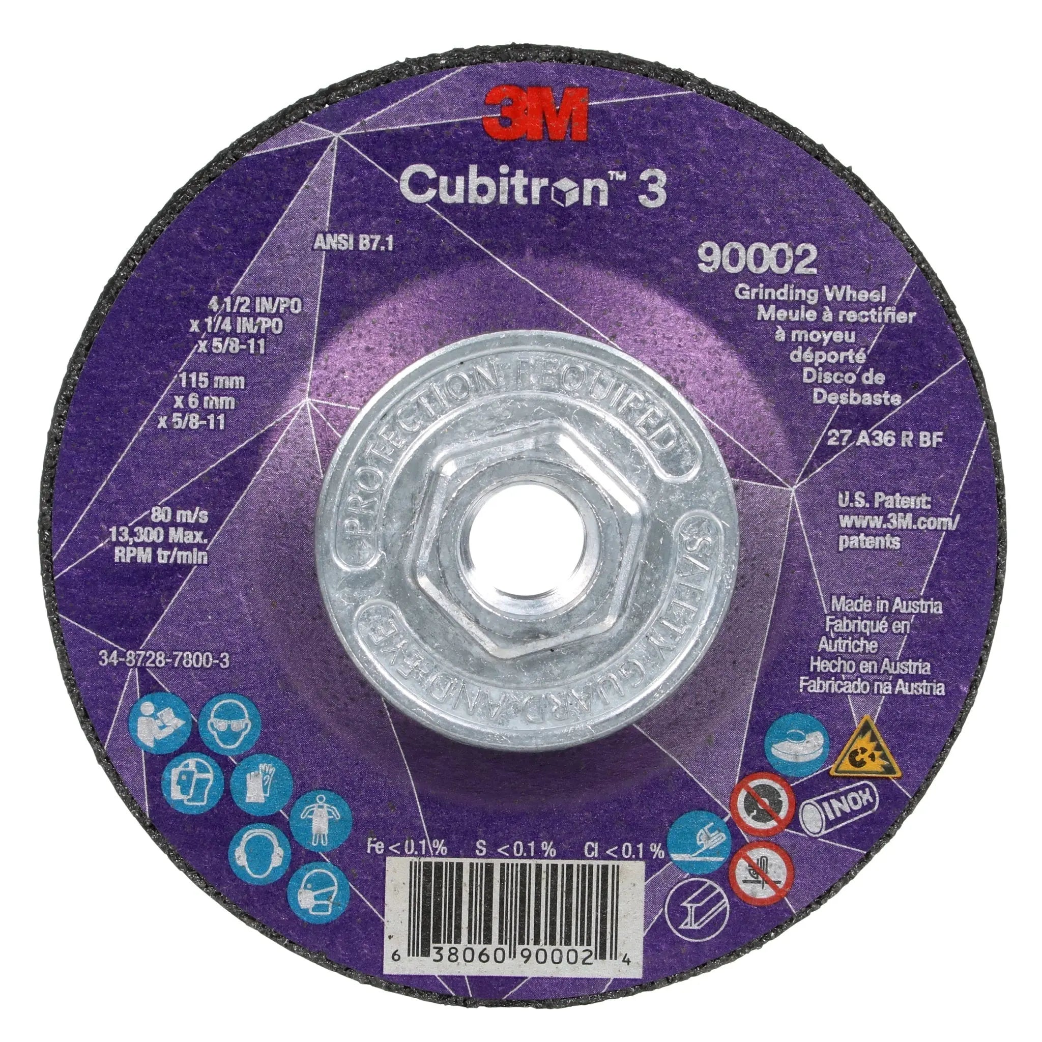 3M Cubitron 3 7100312968/90002 Depressed Center Grinding Wheel, 36+, T27, 4-1/2 in x 1/4 in x 5/8-11