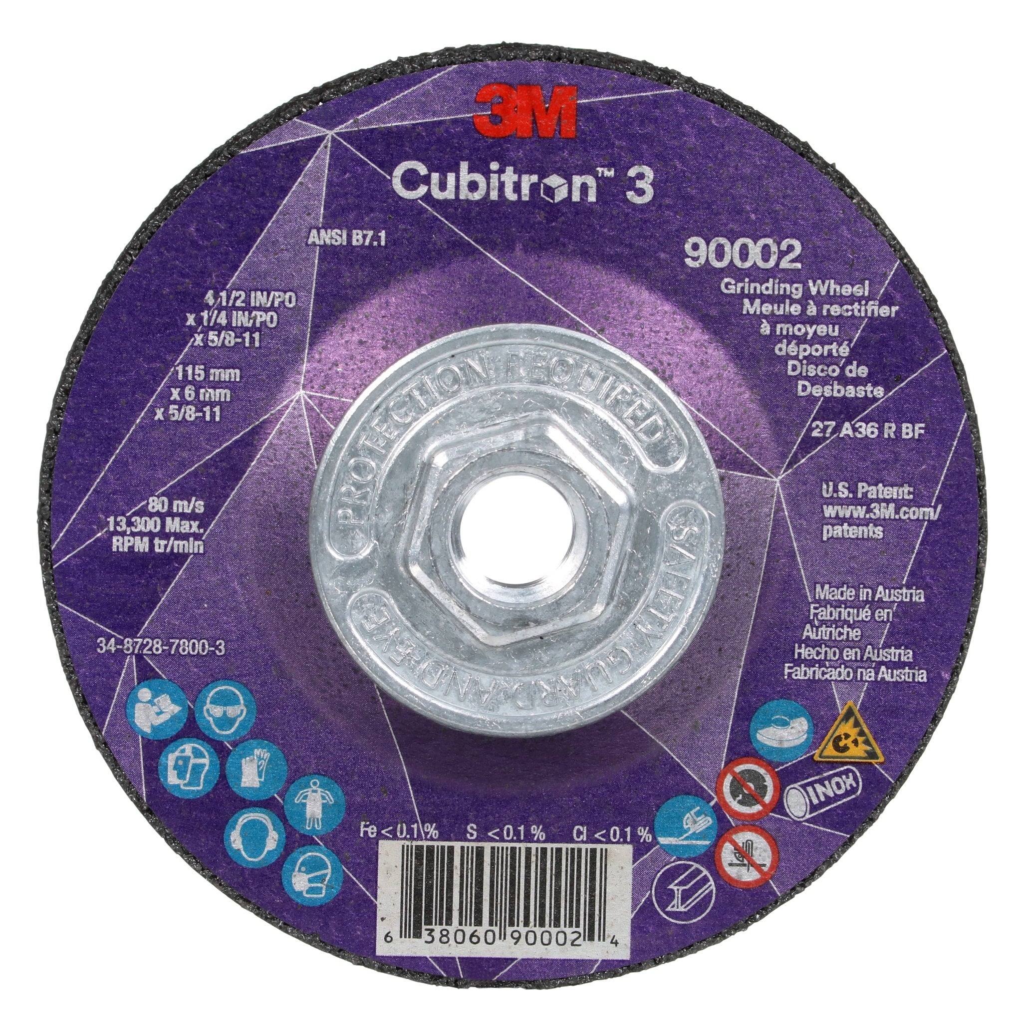3M Cubitron 3 7100312968/90002 Depressed Center Grinding Wheel, 36+, T27, 4-1/2 in x 1/4 in x 5/8-11