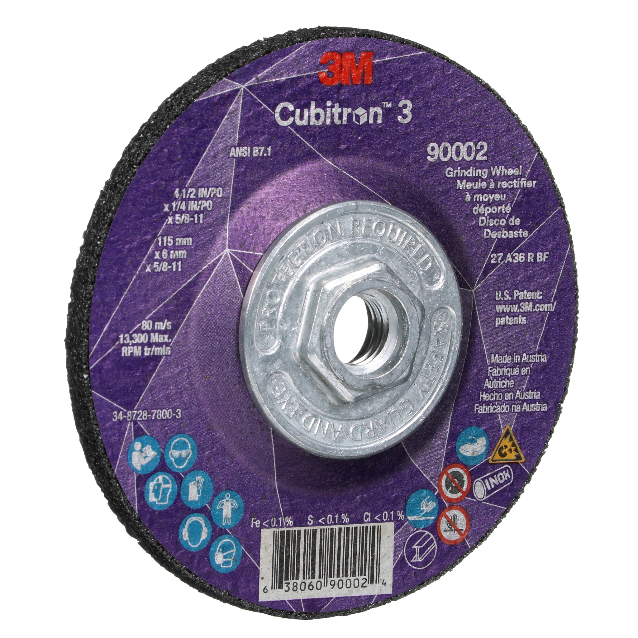 3M Cubitron 3 7100312968/90002 Depressed Center Grinding Wheel, 36+, T27, 4-1/2 in x 1/4 in x 5/8-11