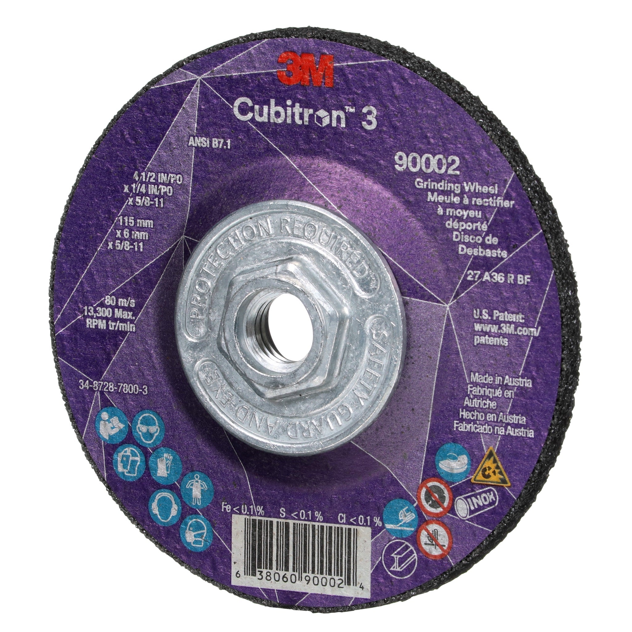 3M Cubitron 3 7100312968/90002 Depressed Center Grinding Wheel, 36+, T27, 4-1/2 in x 1/4 in x 5/8-11