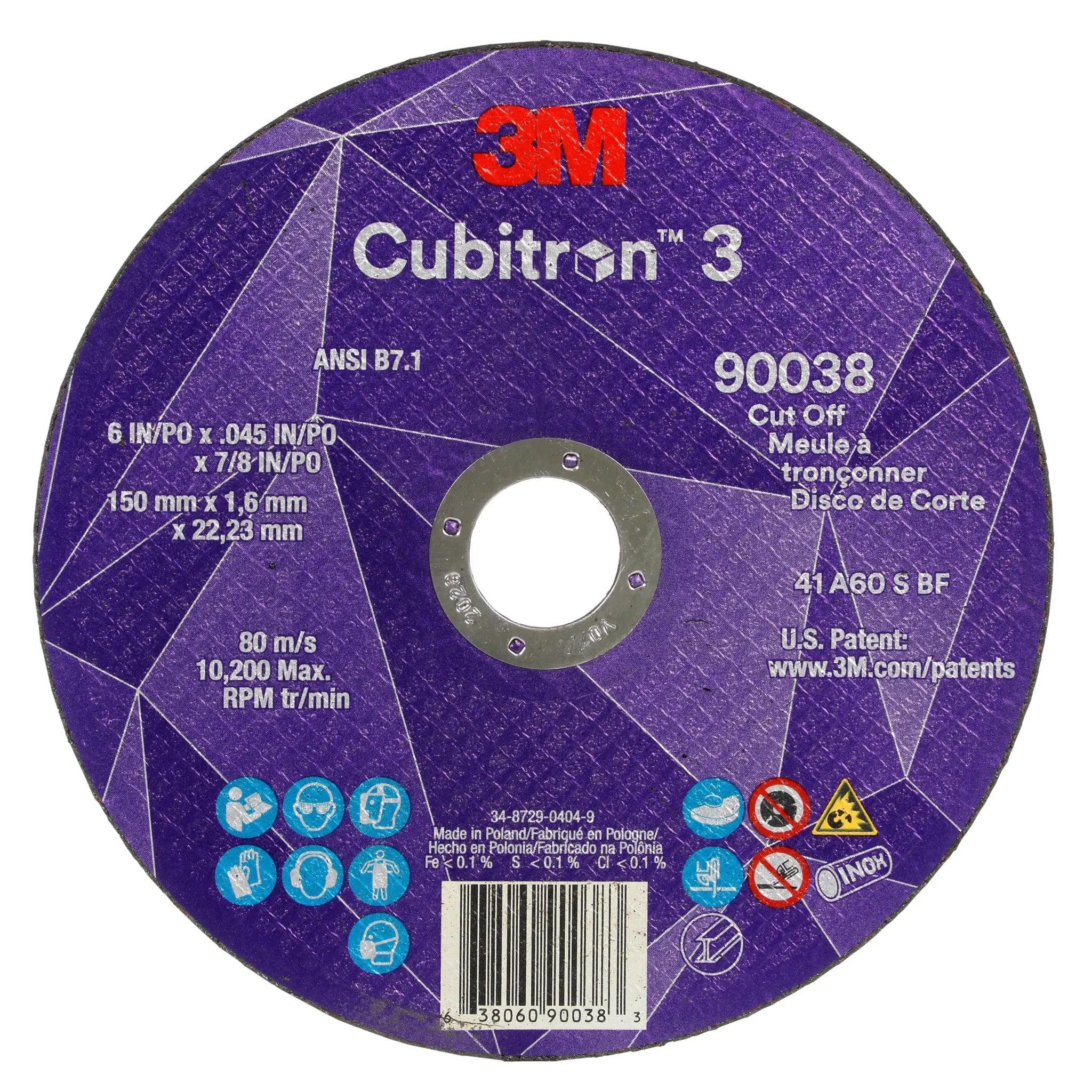 3M Cubitron 3 7100313190/90038 Cut-Off Wheel, 60+, T1, 6 in x 0.045 in x 7/8 in, Center