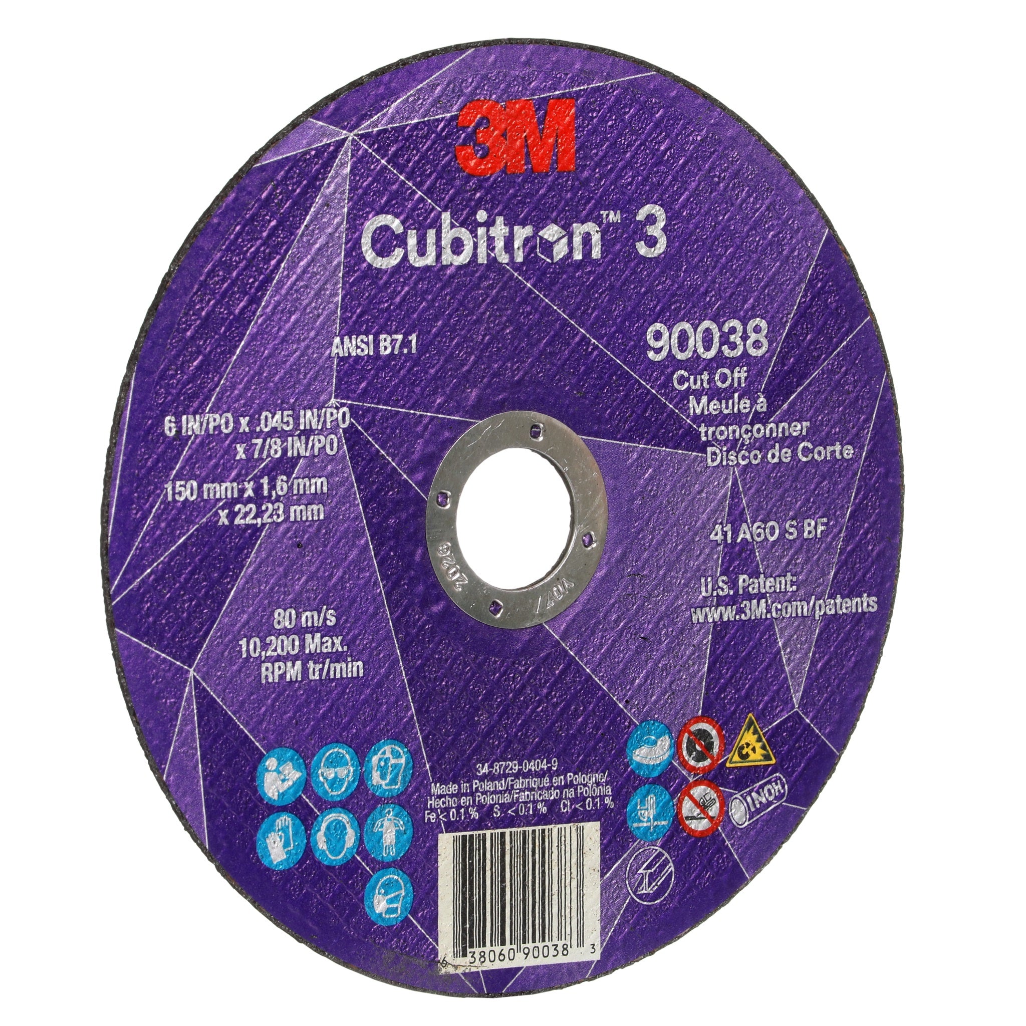 3M Cubitron 3 7100313190/90038 Cut-Off Wheel, 60+, T1, 6 in x 0.045 in x 7/8 in, Left Side