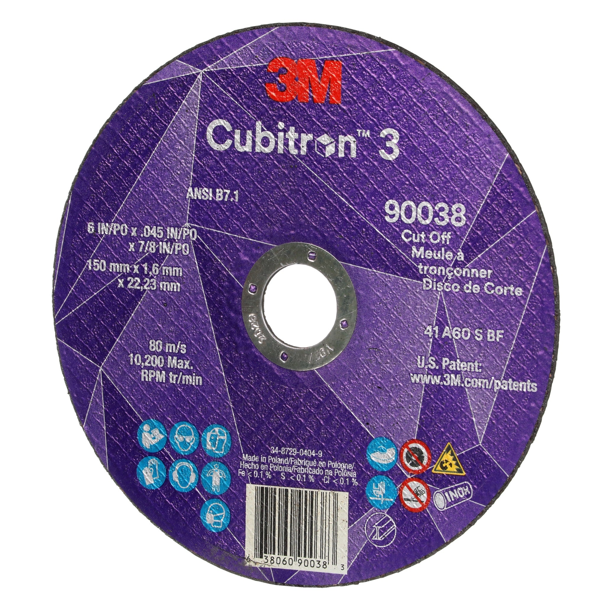 3M Cubitron 3 7100313190/90038 Cut-Off Wheel, 60+, T1, 6 in x 0.045 in x 7/8 in, Right Side