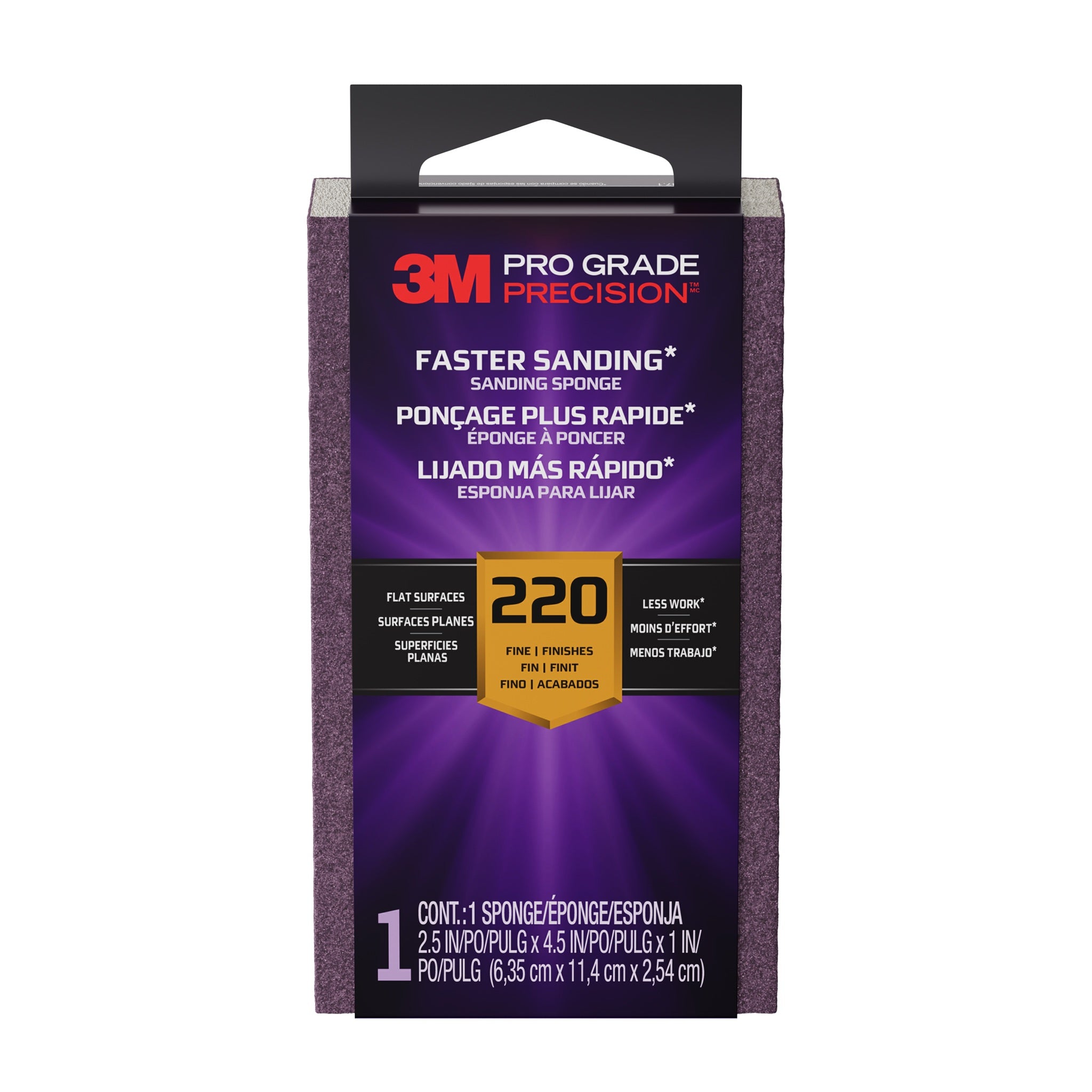 3M 7100330935 Pro Grade Precision Faster Sanding Sanding Block Sponge FSB220-PGP-1T, 2.5in x 4.5in x 1in, 220 grit, Main Image
