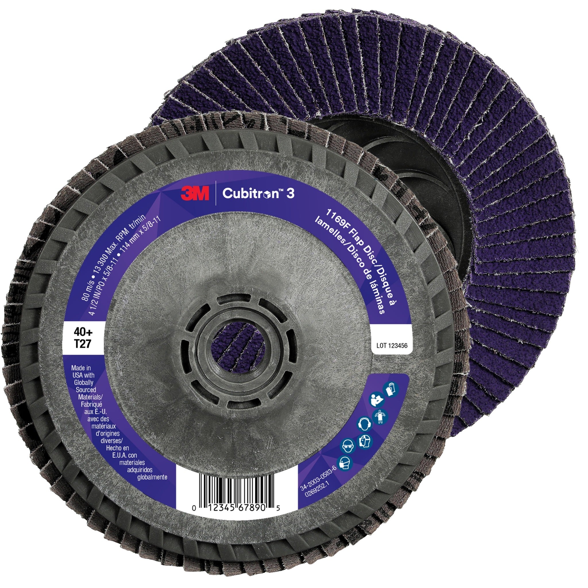 3M Cubitron 3 7100380178/1169F Flap Disc, 40+, T27-Flat Quick Change, 4-1/2 in x 5/8 in-11, Main Image