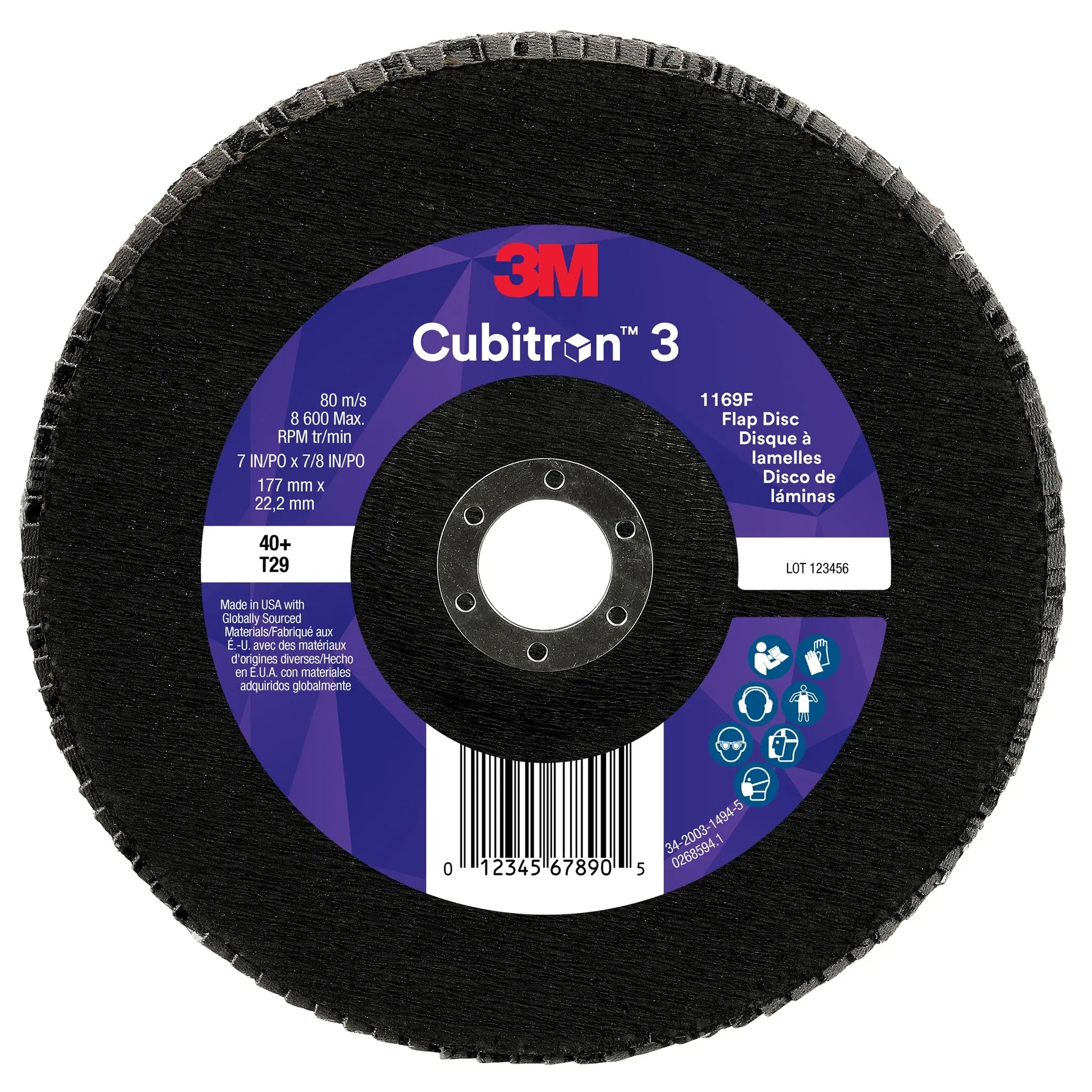 3M Cubitron 3 7100380208/1169F Flap Disc, 40+, T29-Conical, 7 in x 7/8 in, Case of 5Â