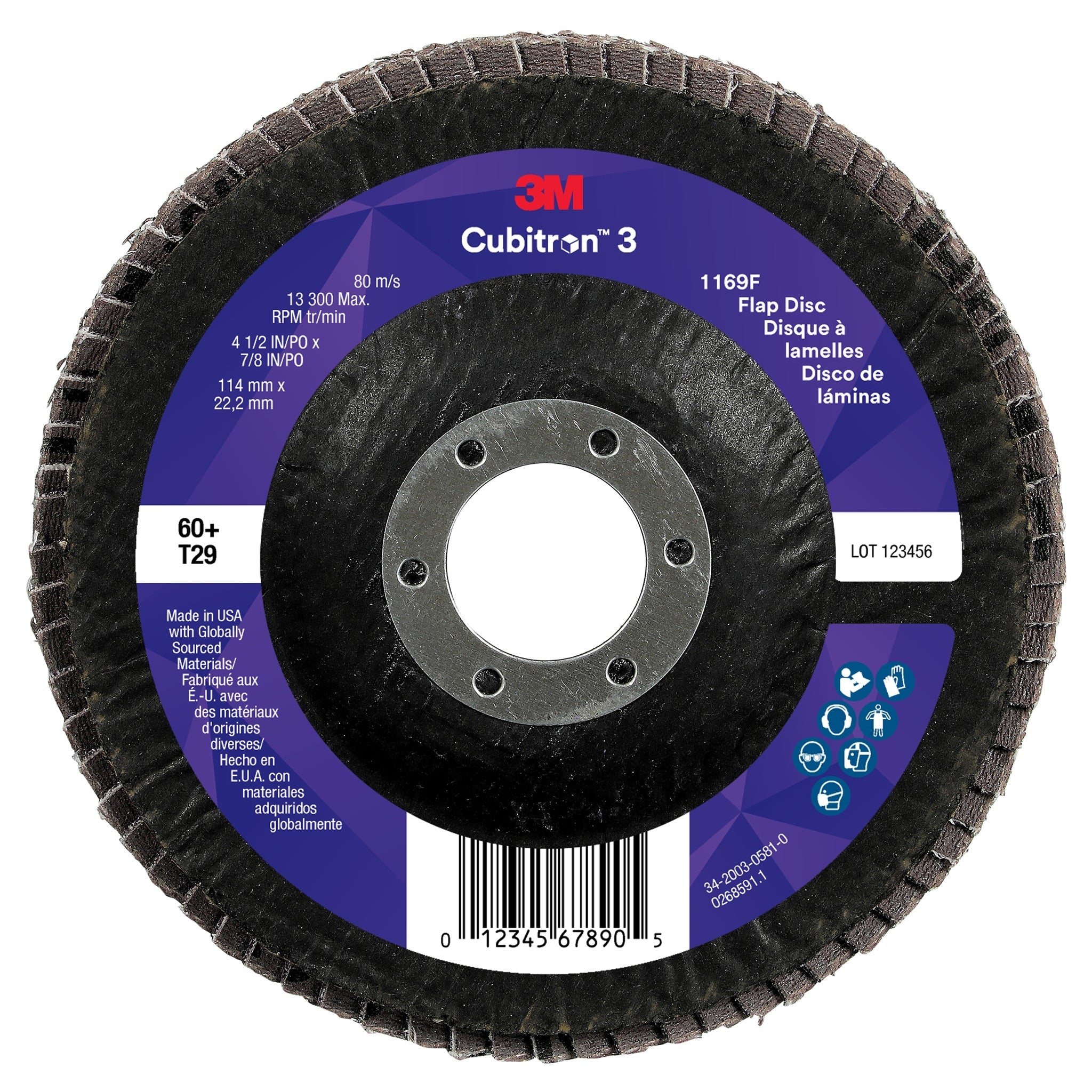 3M Cubitron 3 7100380209/1169F Flap Disc, 60+, T29-Conical, 4-1/2 in x 7/8 in, Case of 10