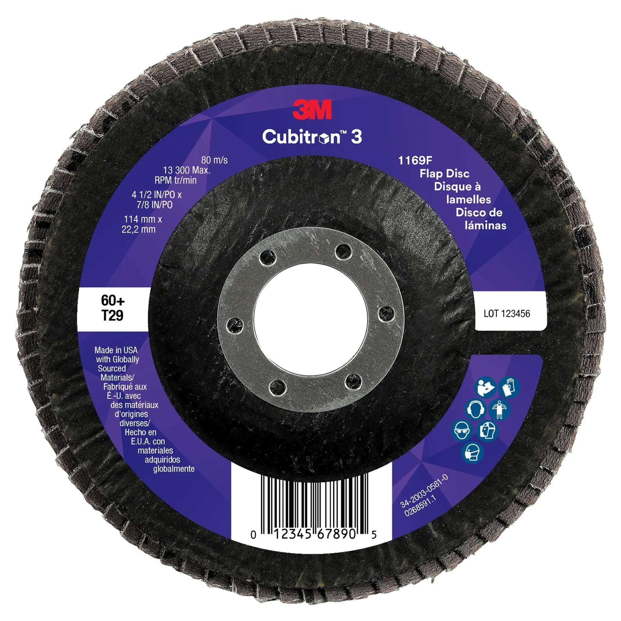 3M Cubitron 3 7100380209/1169F Flap Disc, 60+, T29-Conical, 4-1/2 in x 7/8 in, Case of 10Â