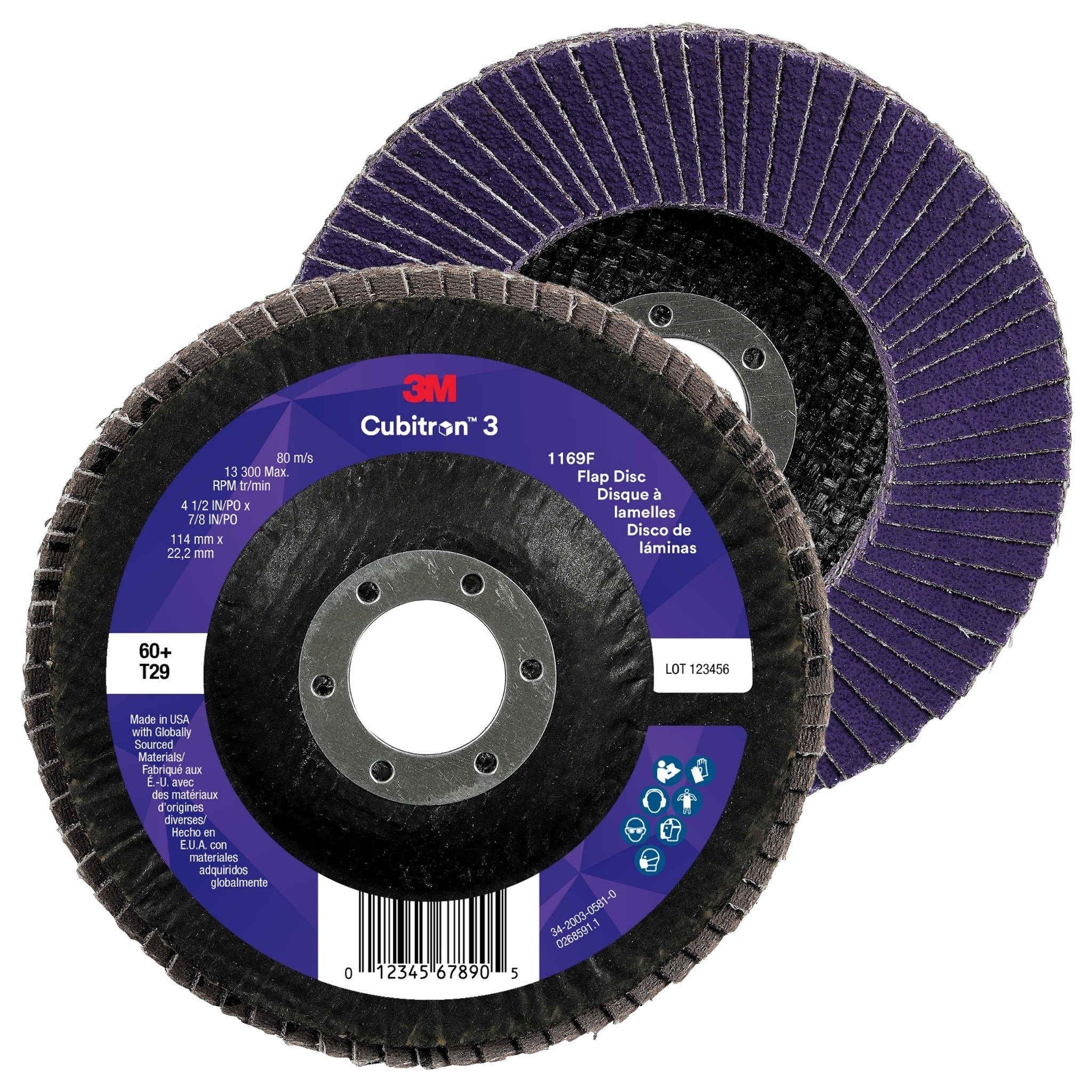 3M Cubitron 3 7100380209/1169F Flap Disc, 60+, T29-Conical, 4-1/2 in x 7/8 in, Case of 10