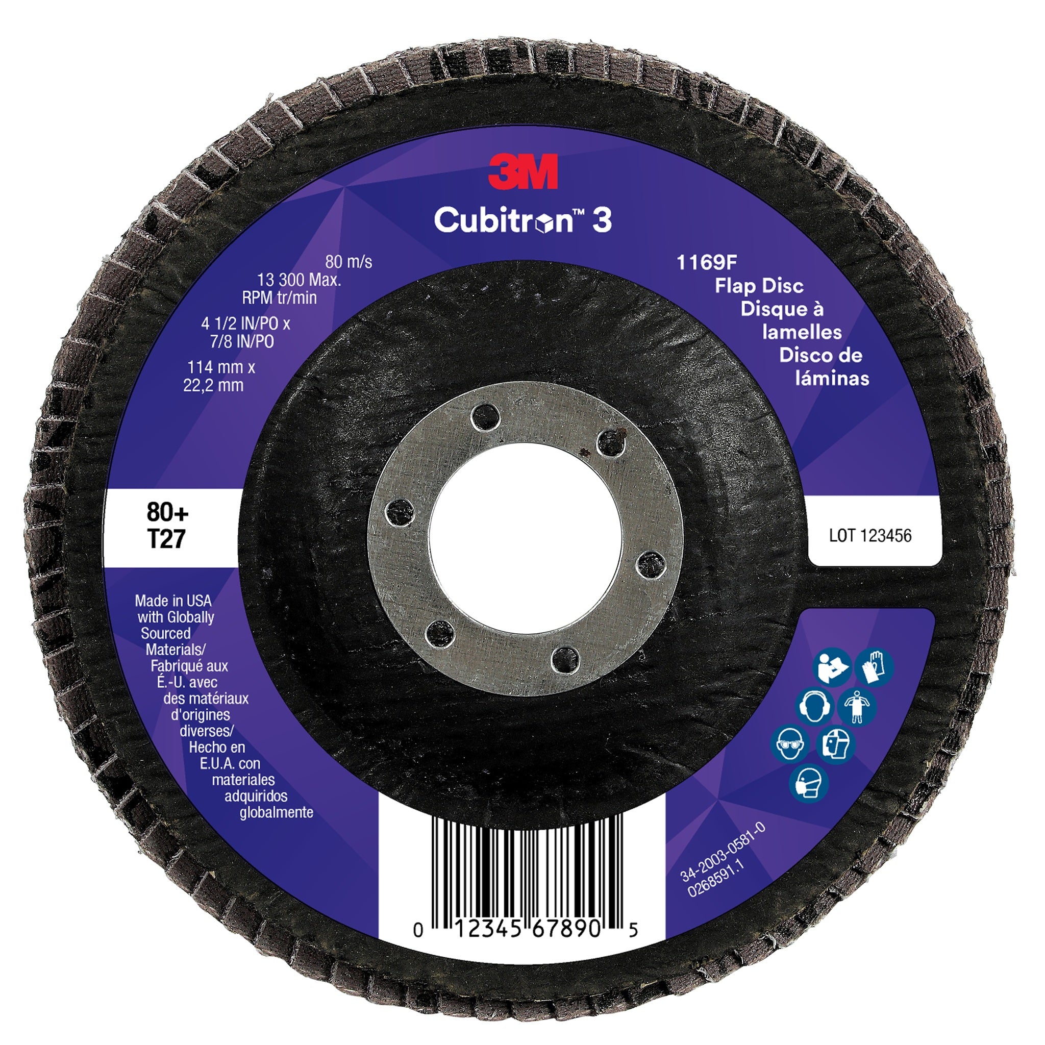 3M Cubitron 3 7100380218/1169F Flap Disc, 80+, T27-Flat, 4-1/2 in x 7/8 in, Case of 10