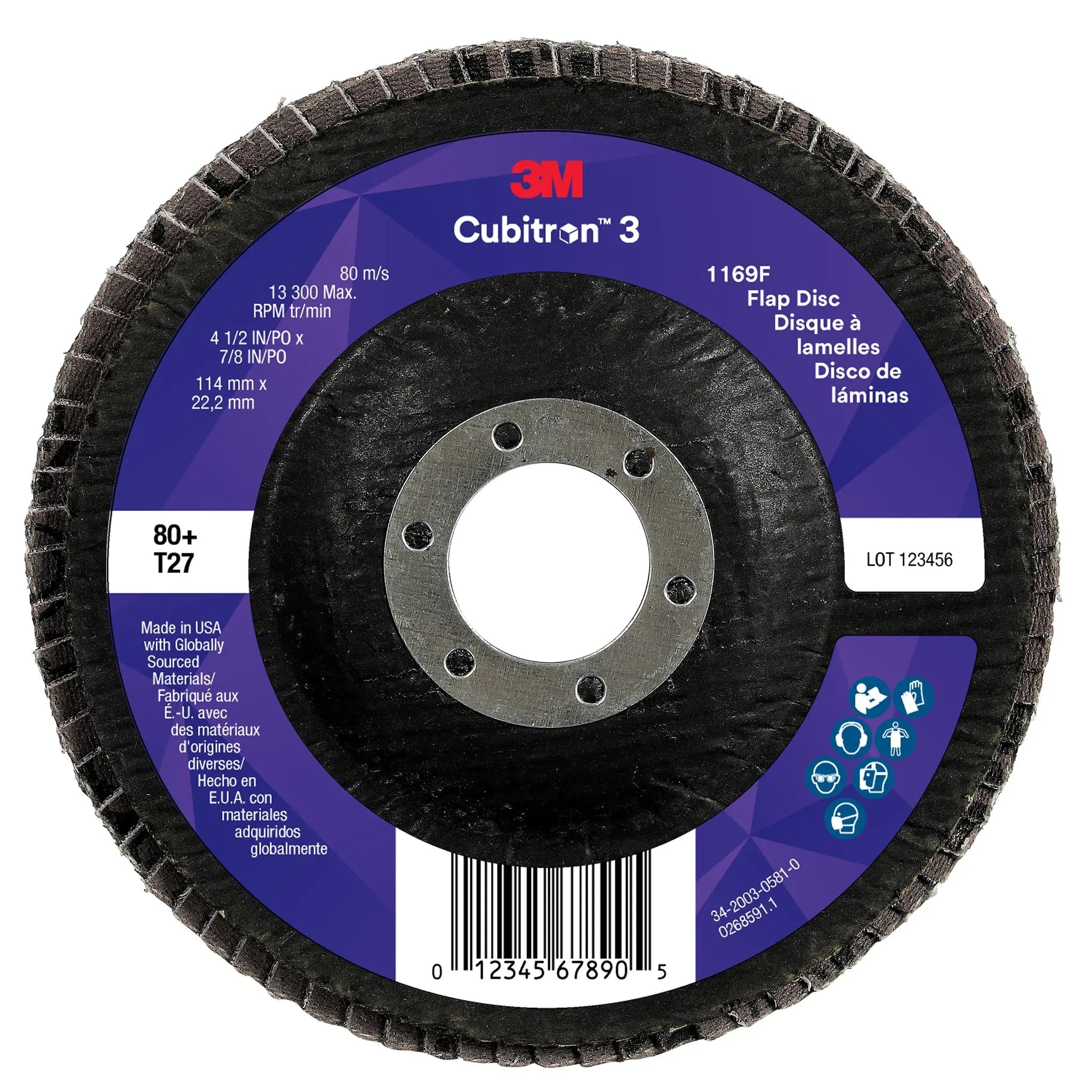 3M Cubitron 3 7100380218/1169F Flap Disc, 80+, T27-Flat, 4-1/2 in x 7/8 in, Case of 10Â