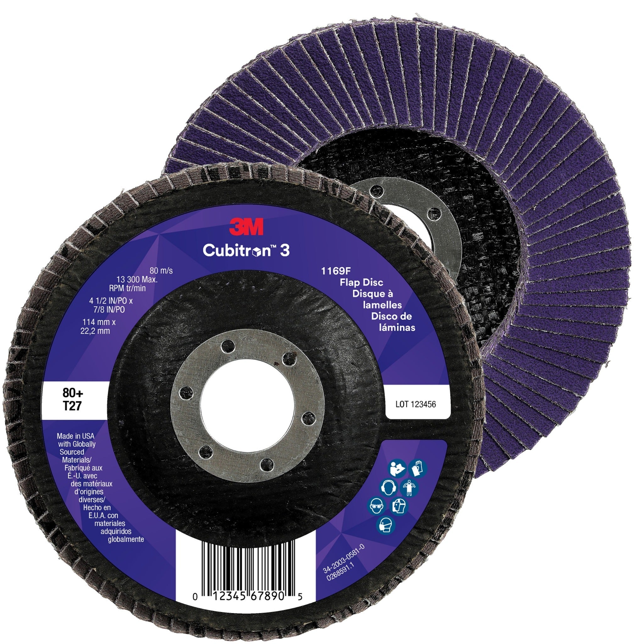 3M Cubitron 3 7100380218/1169F Flap Disc, 80+, T27-Flat, 4-1/2 in x 7/8 in, Case of 10
