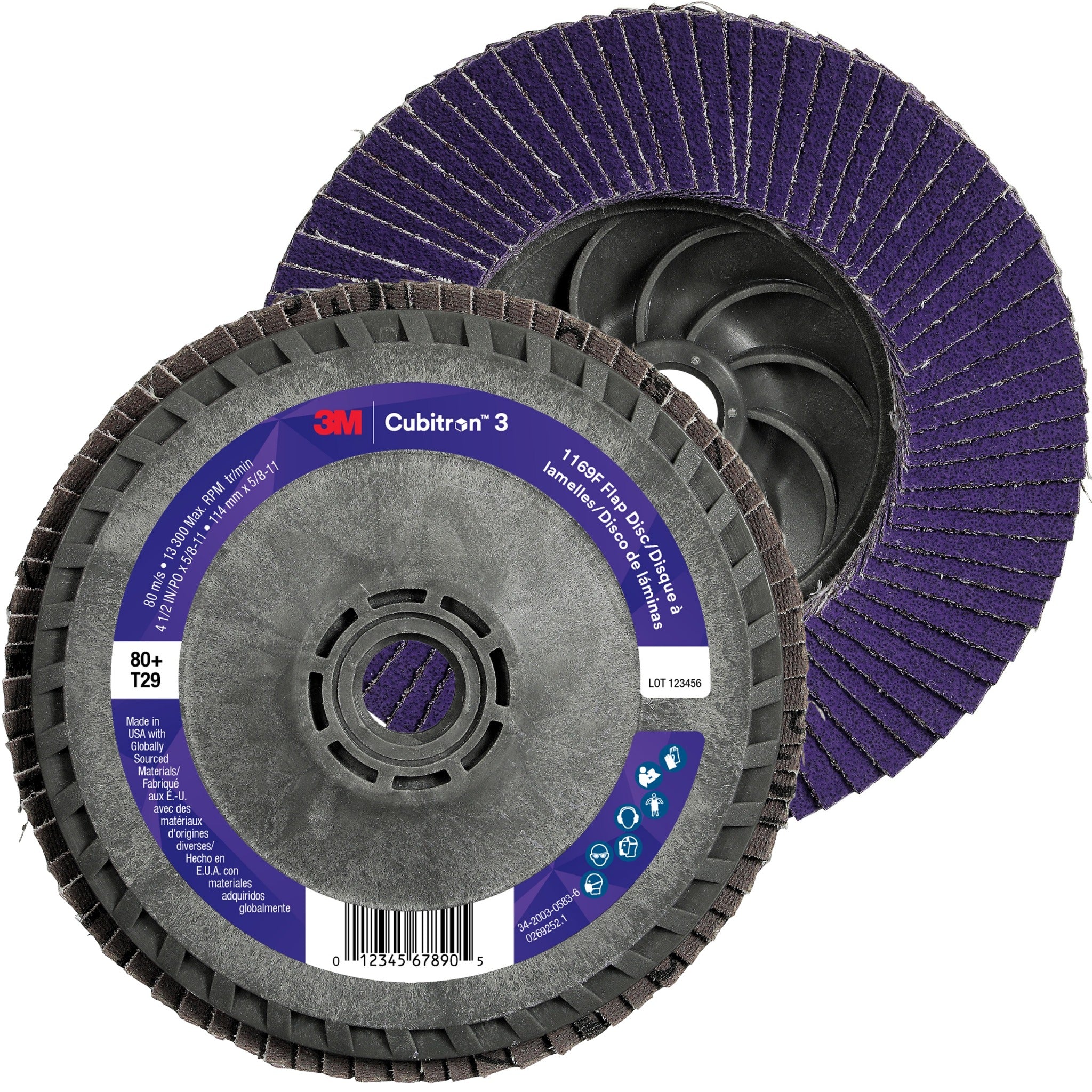 3M Cubitron 3 7100380219/1169F Flap Disc, 80+, T29-Conical Quick Change, 4-1/2 in x 5/8 in-11, Case of 10