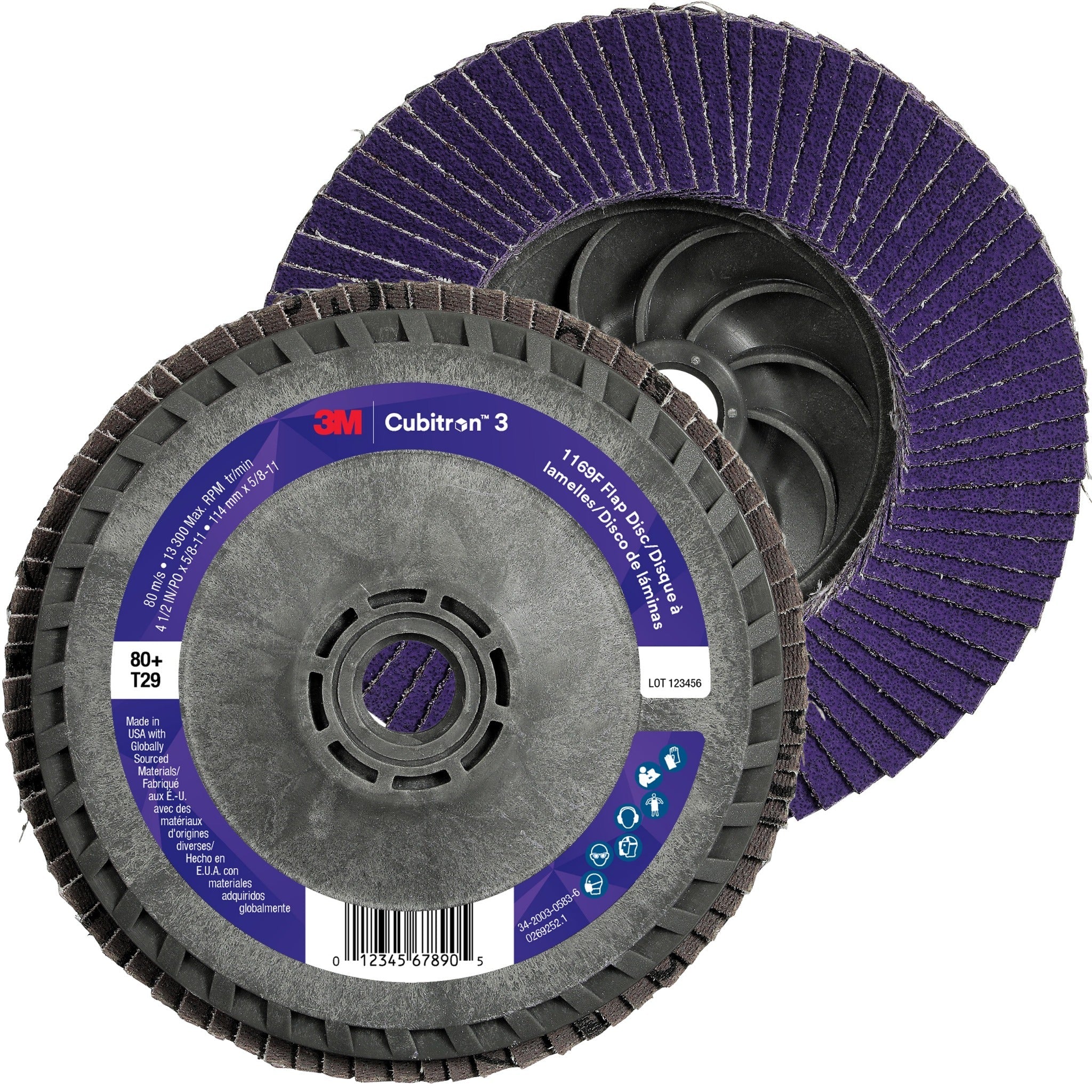 3M Cubitron 3 7100380219/1169F Flap Disc, 80+, T29-Conical Quick Change, 4-1/2 in x 5/8 in-11, Case of 10