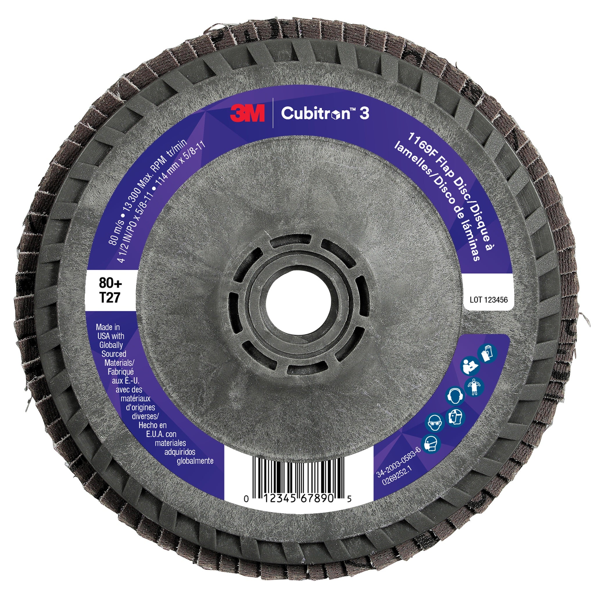 3M Cubitron 3 7100380300/1169F Flap Disc, 80+, T27-Flat Quick Change, 4-1/2 in x 5/8 in-11, Case of 10