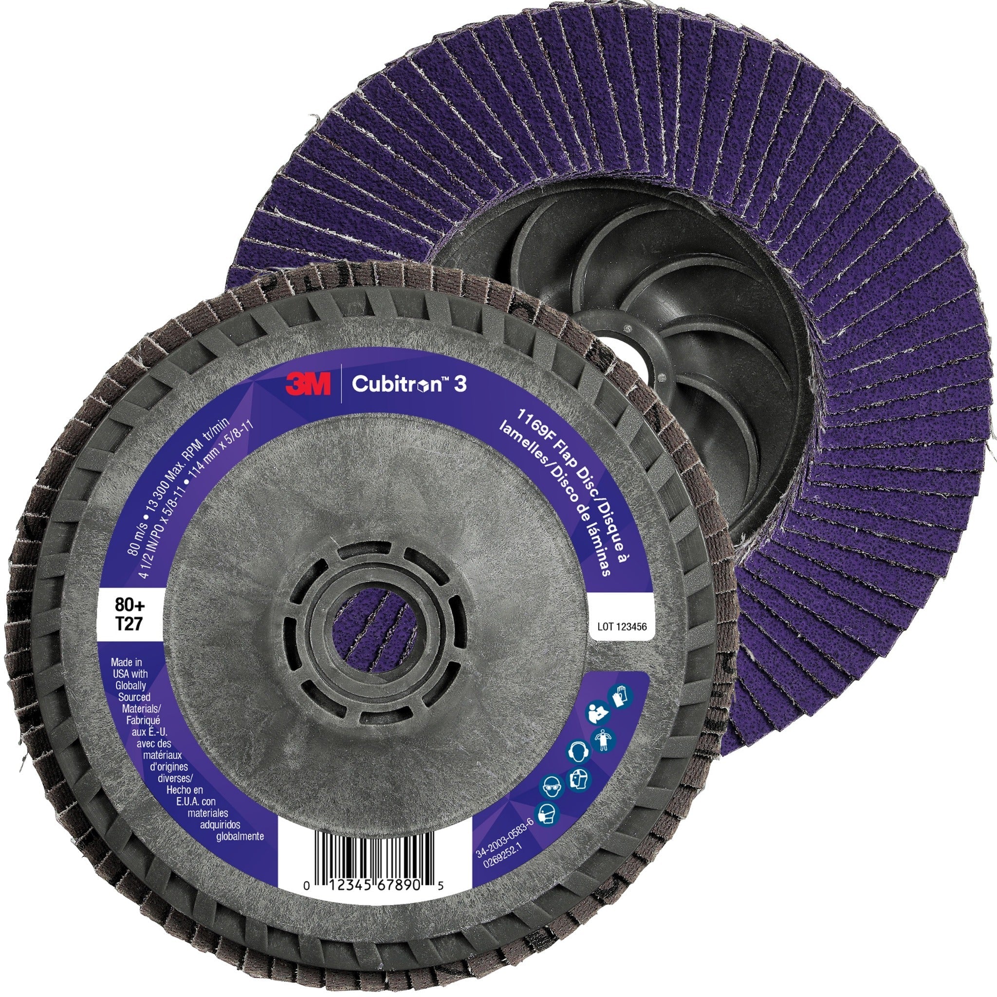 3M Cubitron 3 7100380300/1169F Flap Disc, 80+, T27-Flat Quick Change, 4-1/2 in x 5/8 in-11, Case of 10