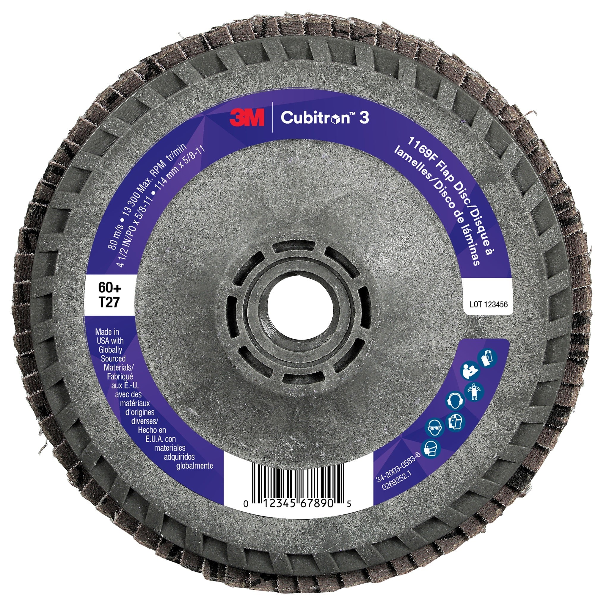3M Cubitron 3 7100380307/1169F Flap Disc, 60+, T27-Flat Quick Change, 4-1/2 in x 5/8 in-11, Case of 10