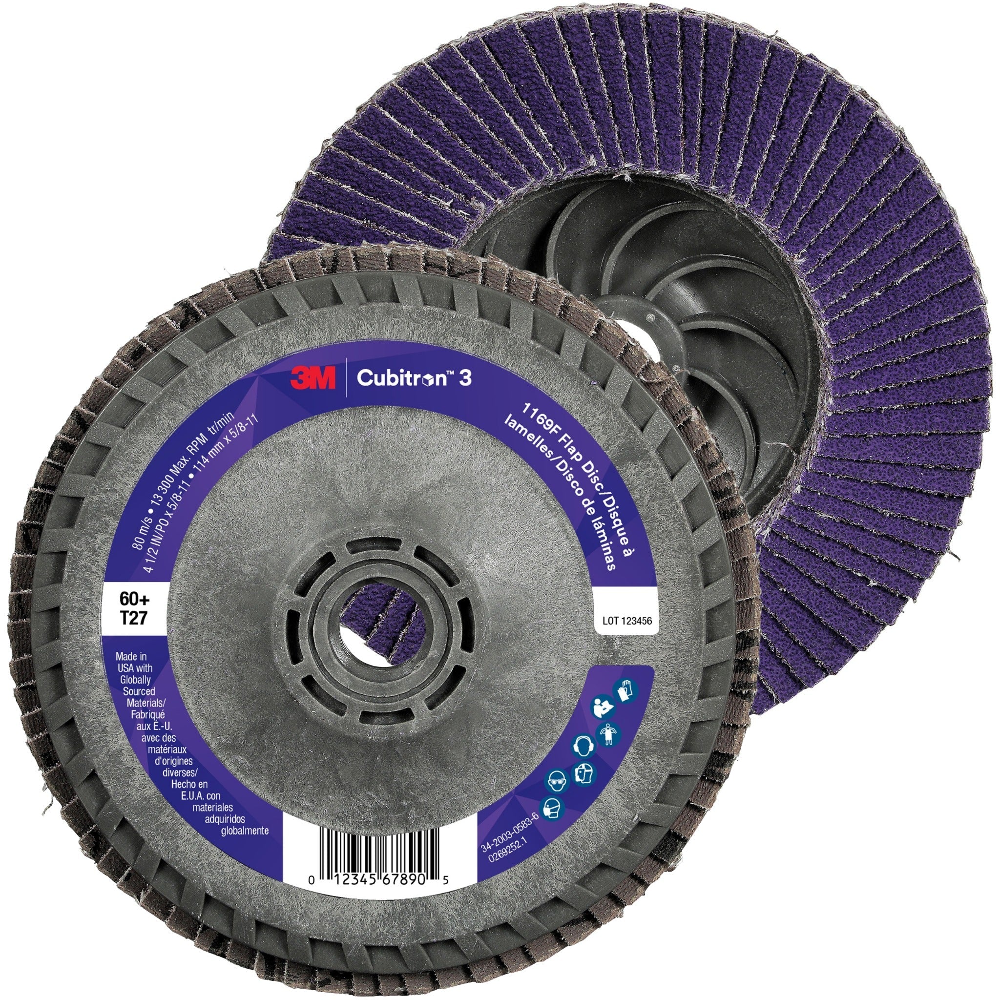 3M Cubitron 3 7100380307/1169F Flap Disc, 60+, T27-Flat Quick Change, 4-1/2 in x 5/8 in-11, Case of 10