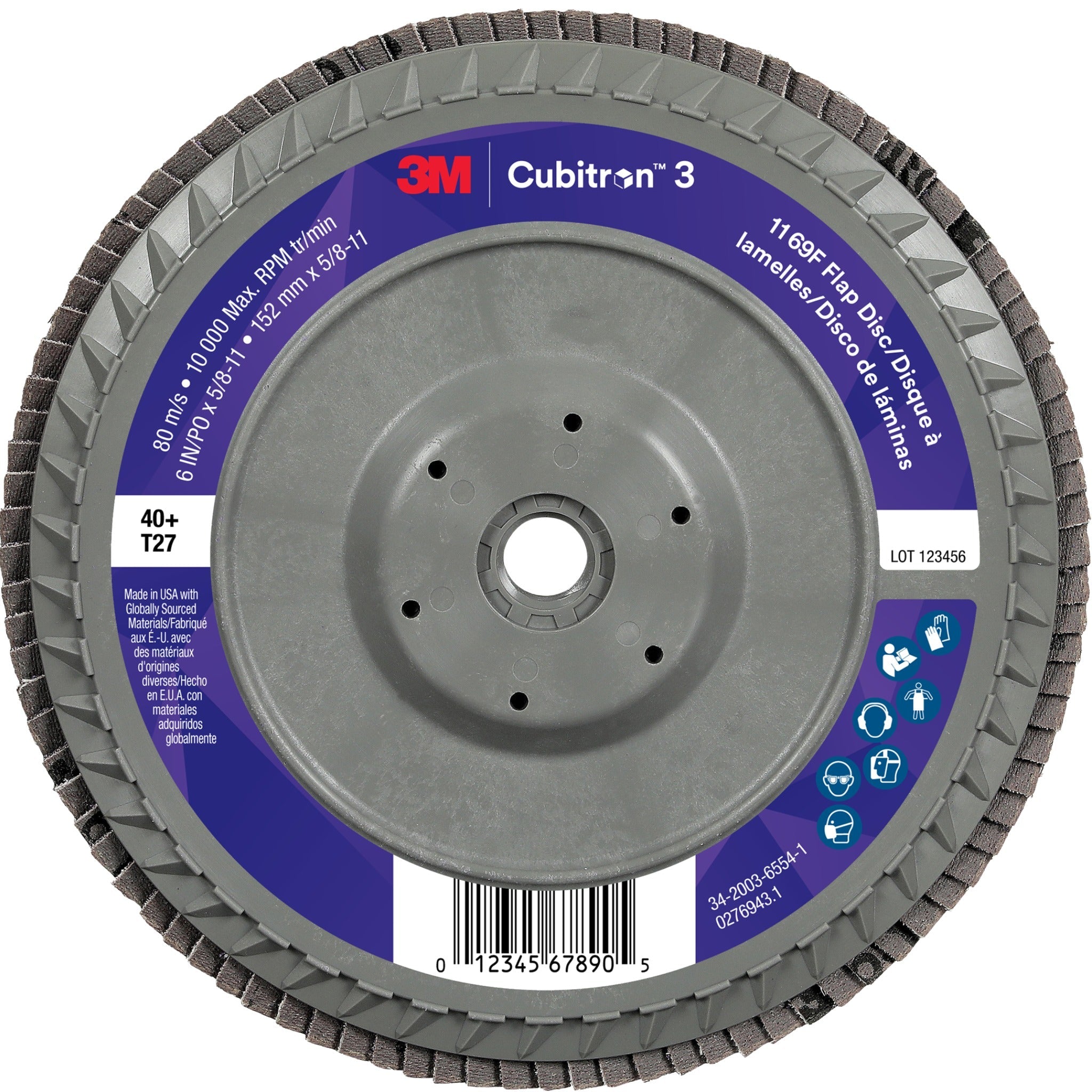 3M Cubitron 3 7100380317/1169F Flap Disc, 40+, T27-Flat Quick Change, 6 in x 5/8 in-11, Case of 5