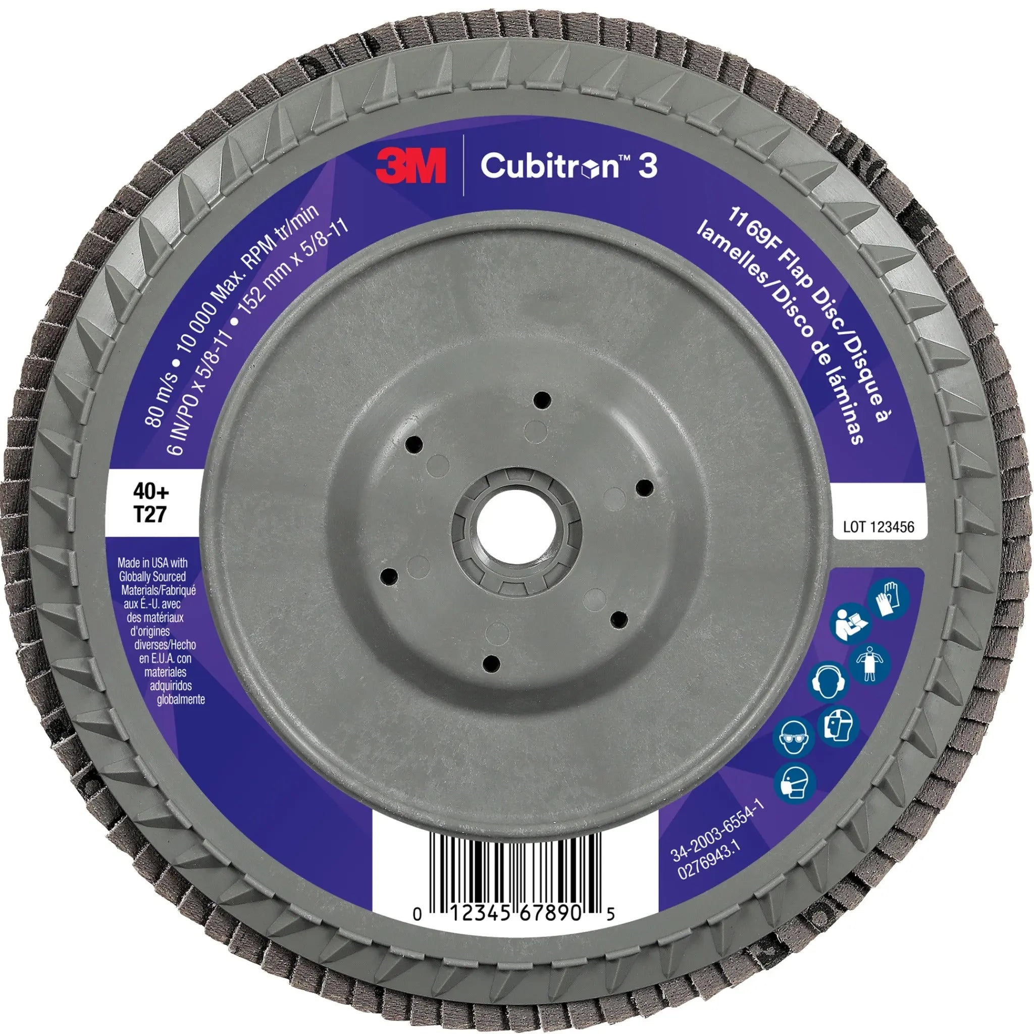 3M Cubitron 3 7100380317/1169F Flap Disc, 40+, T27-Flat Quick Change, 6 in x 5/8 in-11, Case of 5Â