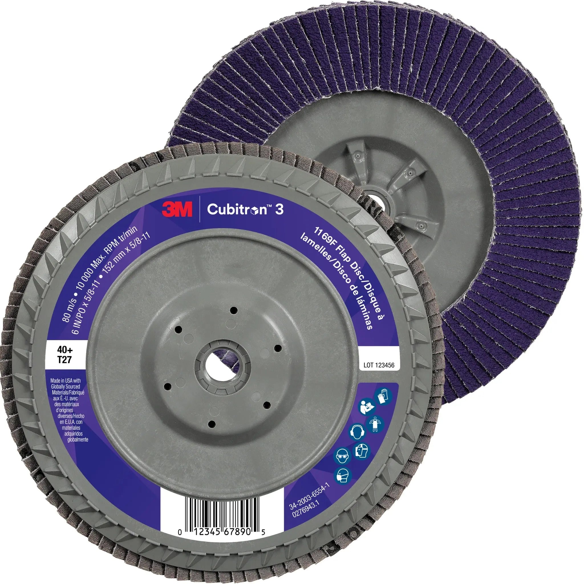 3M Cubitron 3 7100380317/1169F Flap Disc, 40+, T27-Flat Quick Change, 6 in x 5/8 in-11, Case of 5