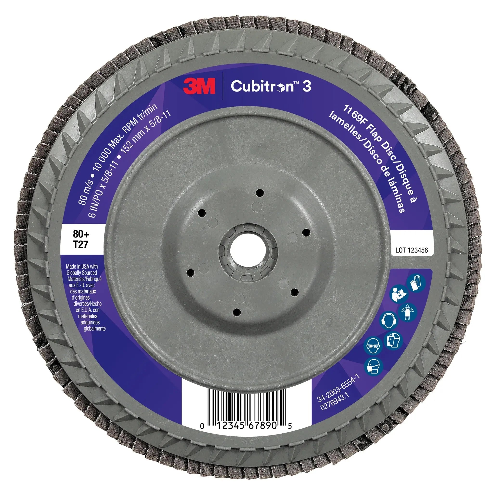 3M Cubitron 3 7100380338/1169F Flap Disc, 80+, T27-Flat Quick Change, 6 in x 5/8 in-11, Case of 5Â